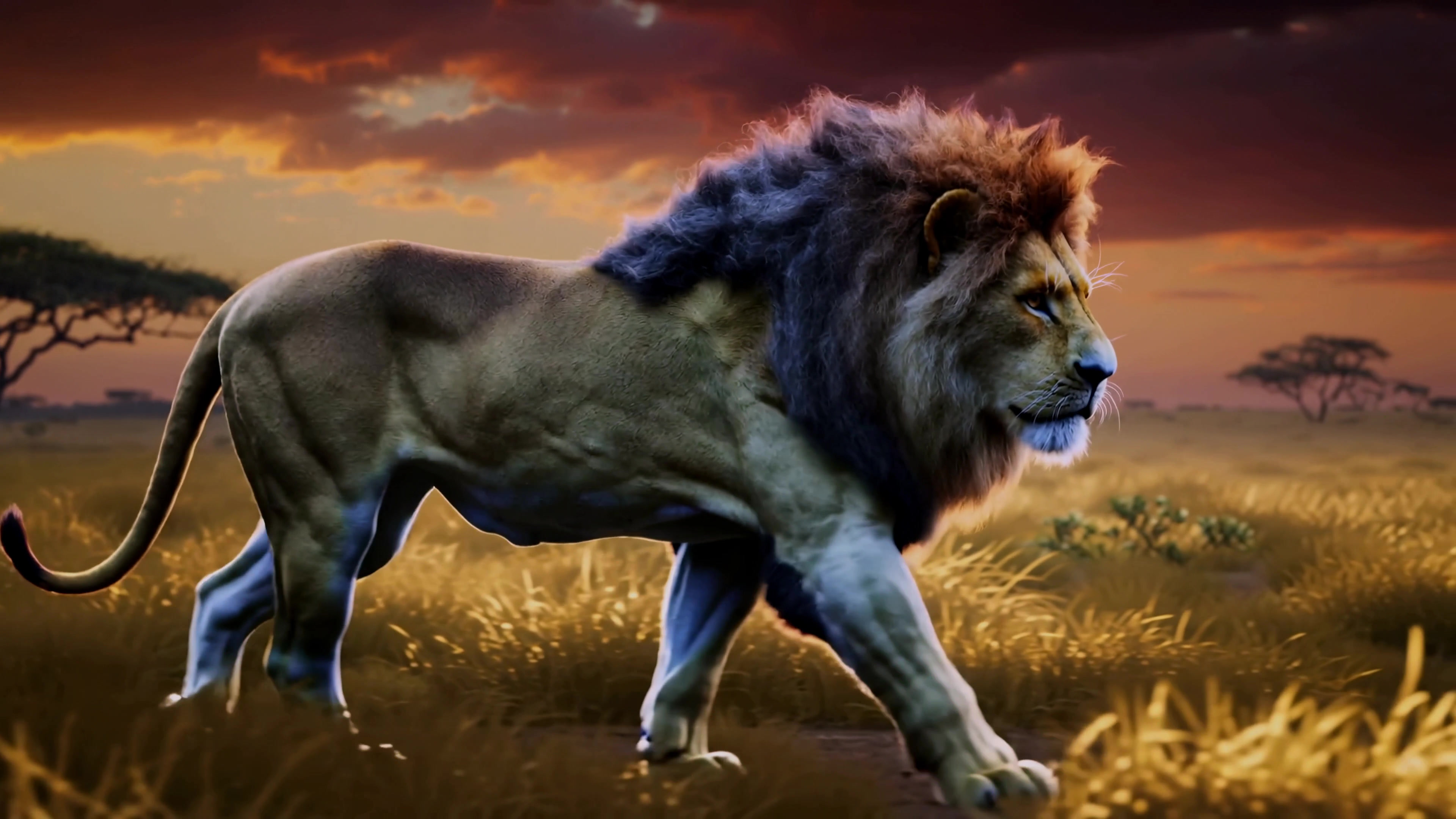 Lion walks through golden grass at sunset in African savanna during evening hours