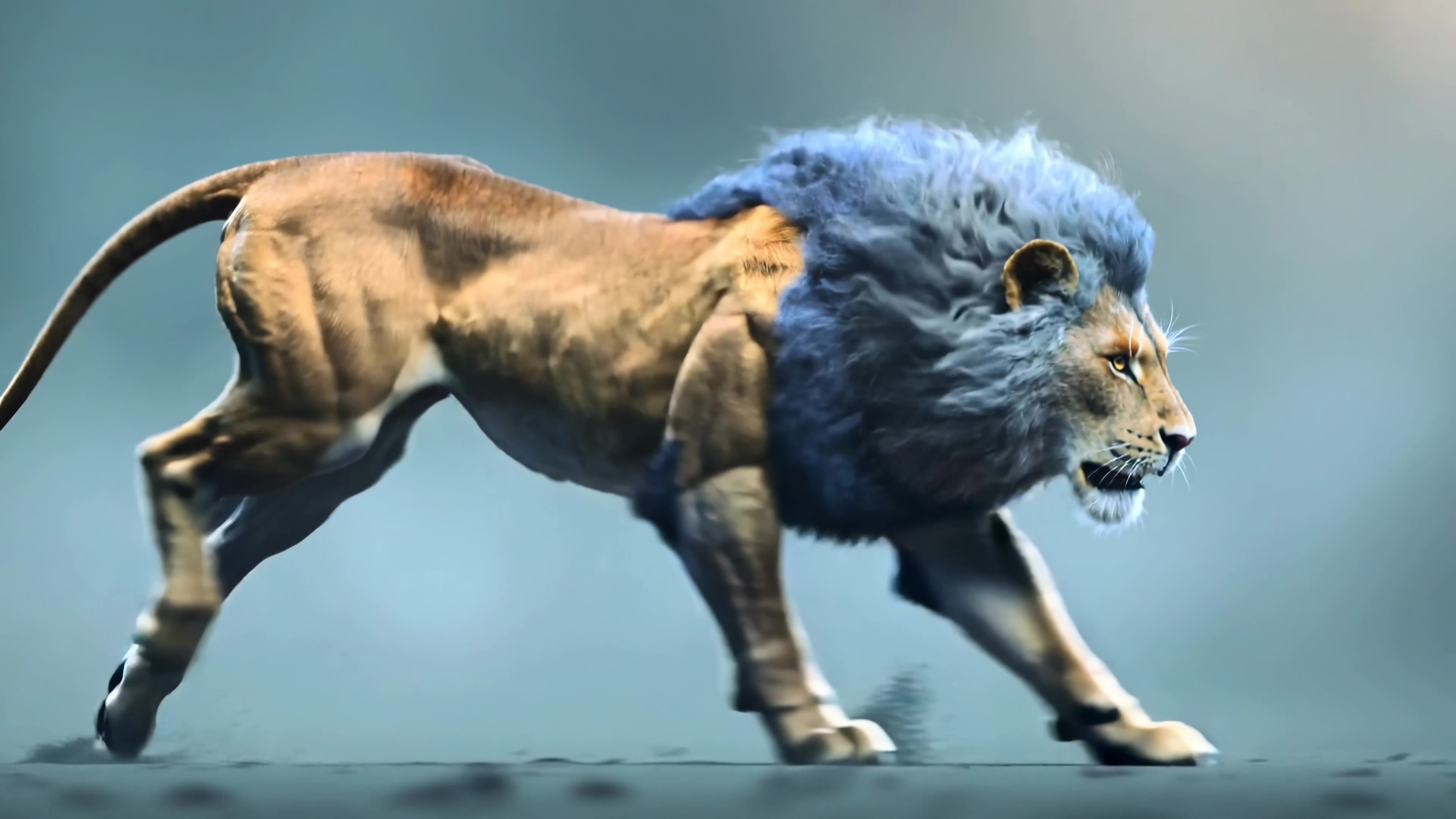 Lion with unusual blue mane walks through a misty landscape in an animated video