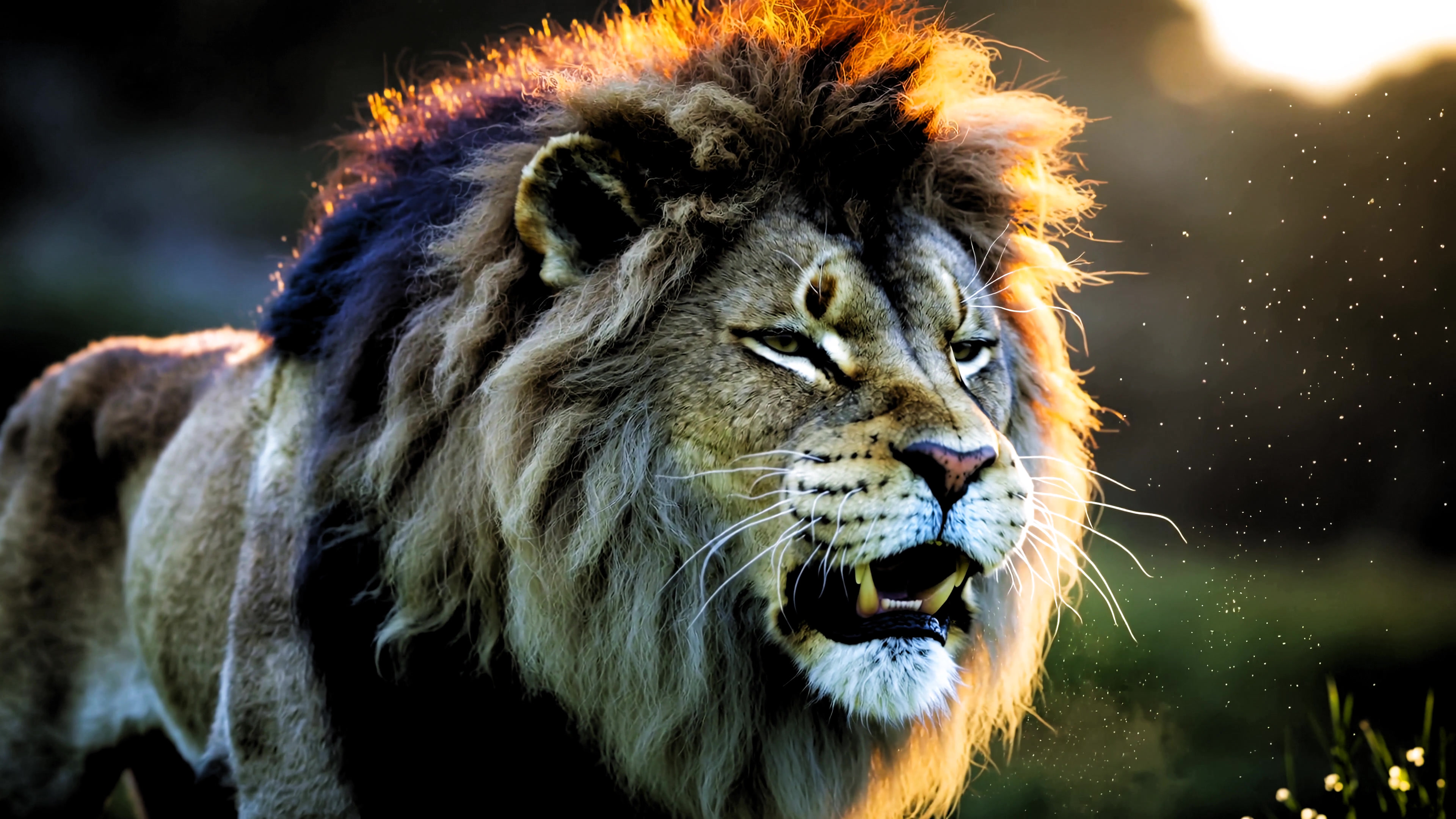 Lion walking in the wild at sunset with sunlight shining on its fur and creating a warm atmosphere