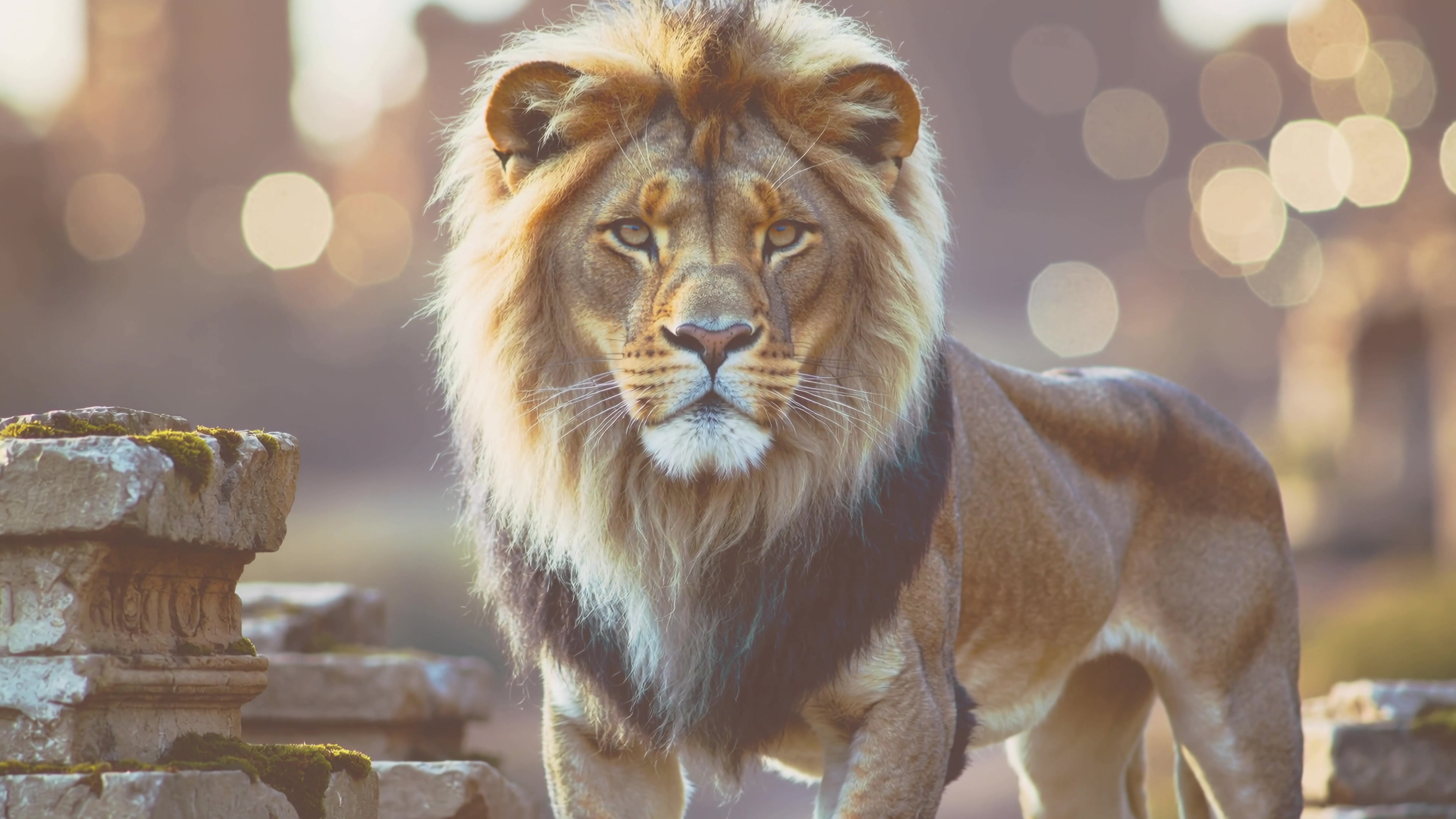 Lion walks around ruins in the sunlight during the day in a wildlife environment