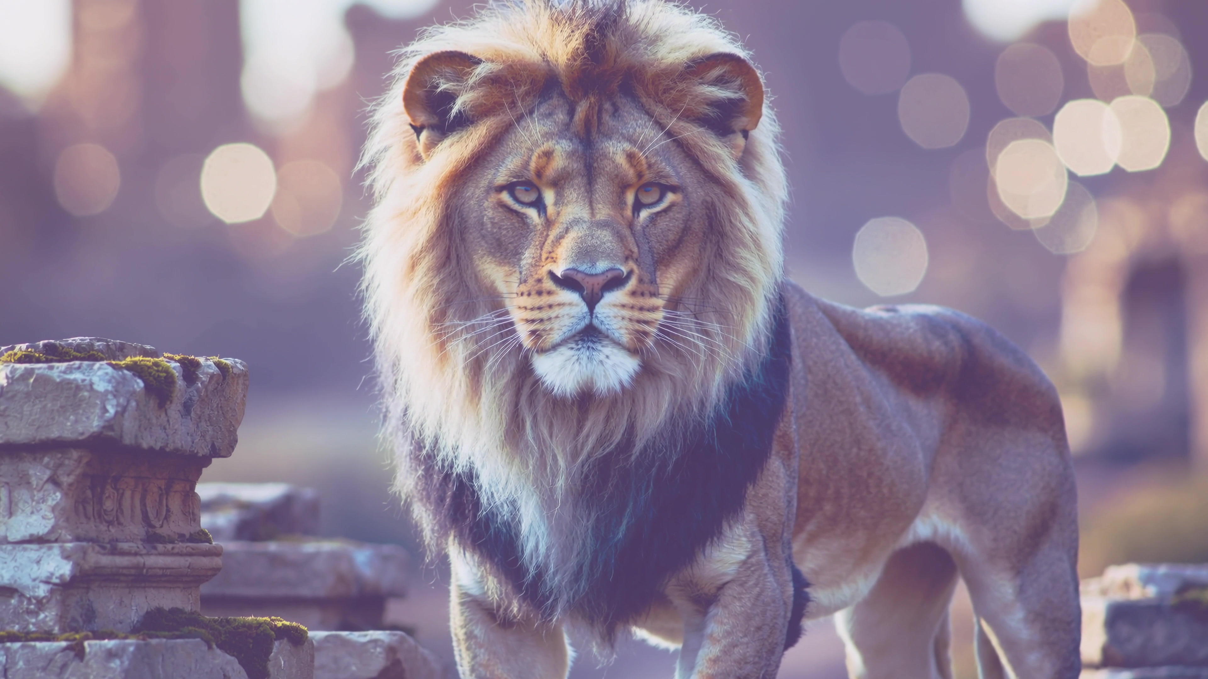 Lion walks through ancient ruins during early morning light in an outdoor setting with blurred background