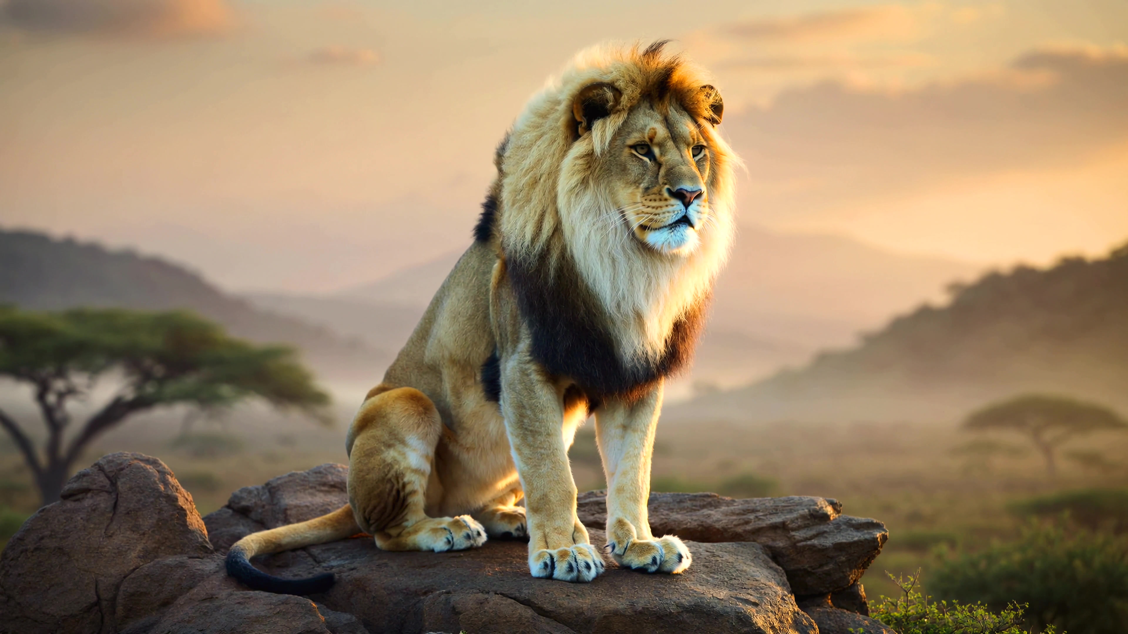 Lion sits on rock in savanna during sunset near mountains and trees with warm colors in the sky
