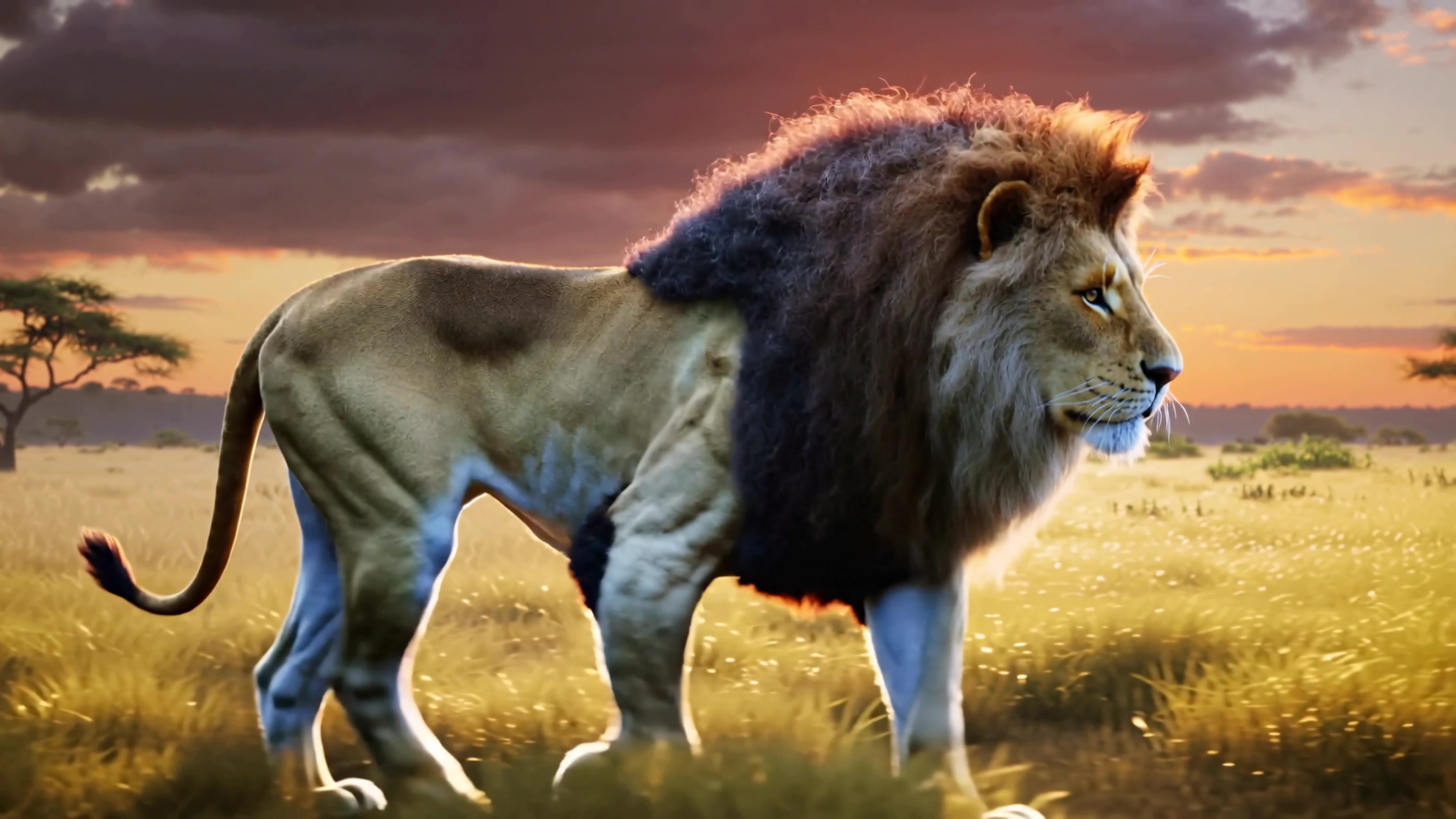 Lion walks through savanna under a colorful sky during sunset in a wildlife video