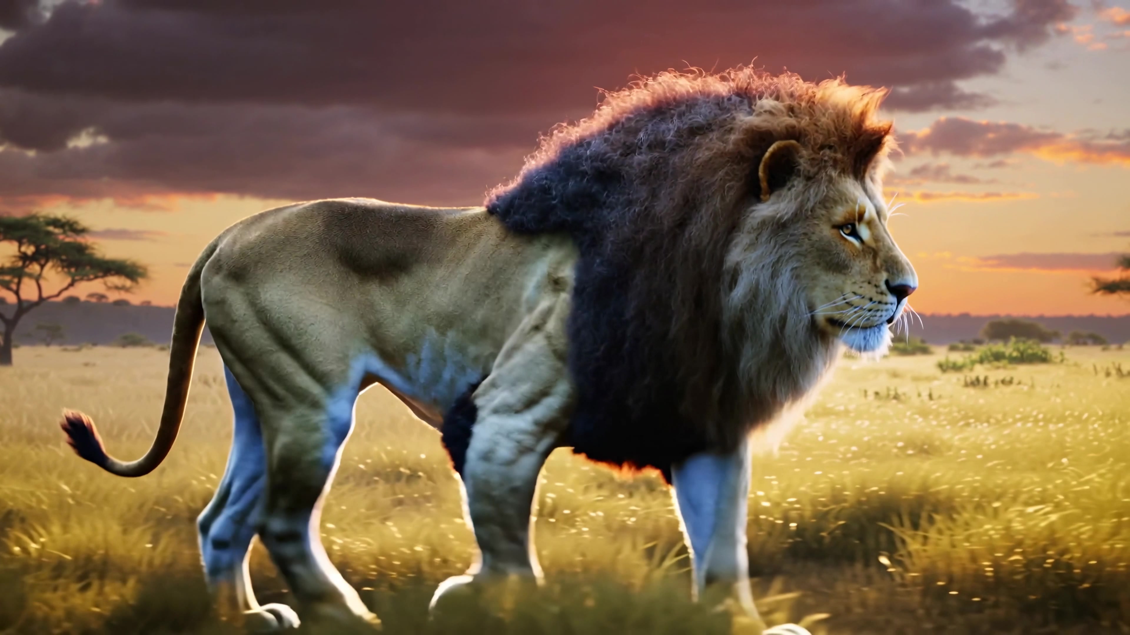 Lion walks through savanna during sunset near African trees and grasslands in the evening light