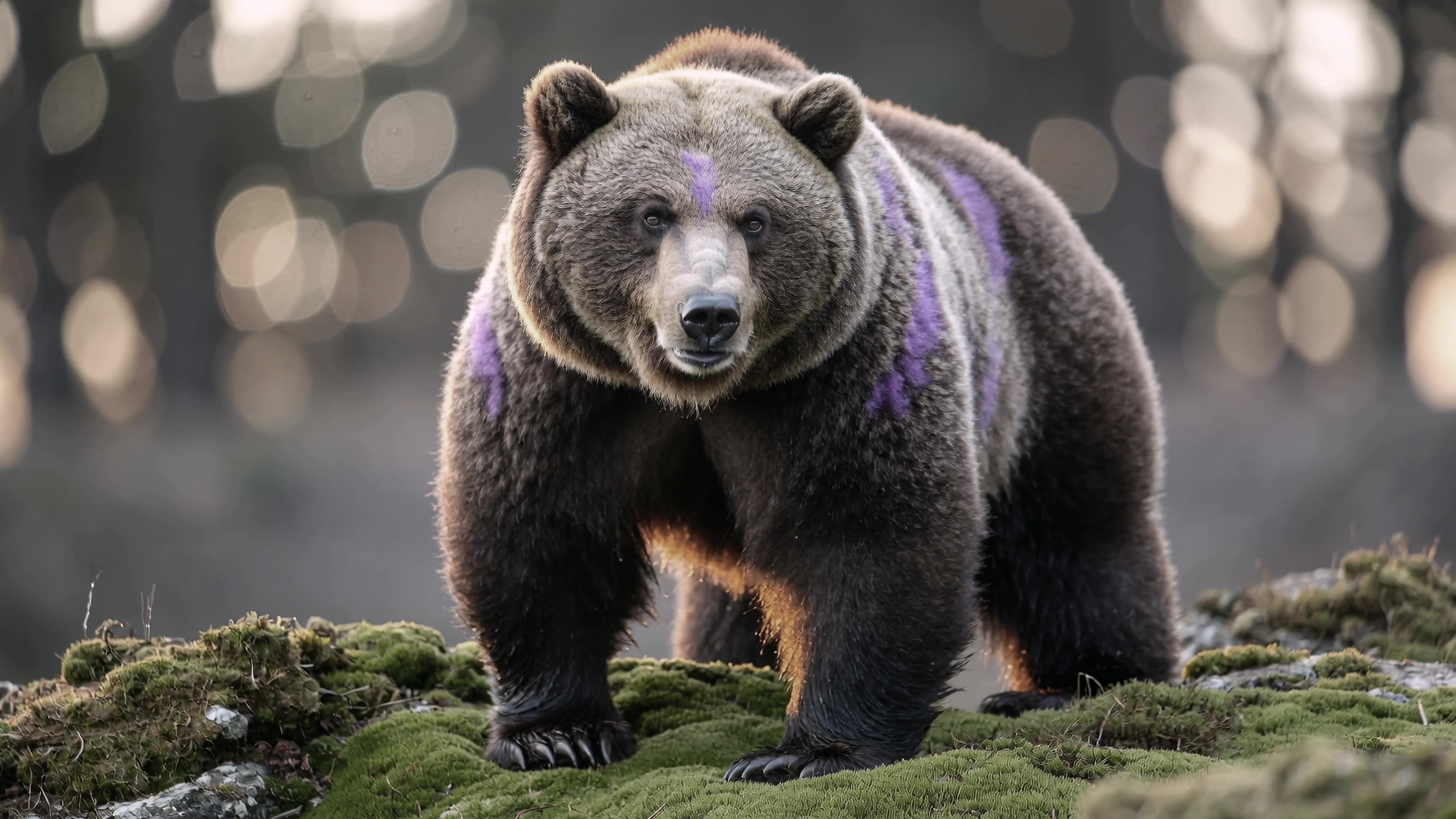Bear walks on mossy ground in a forest during early morning light with blurred background