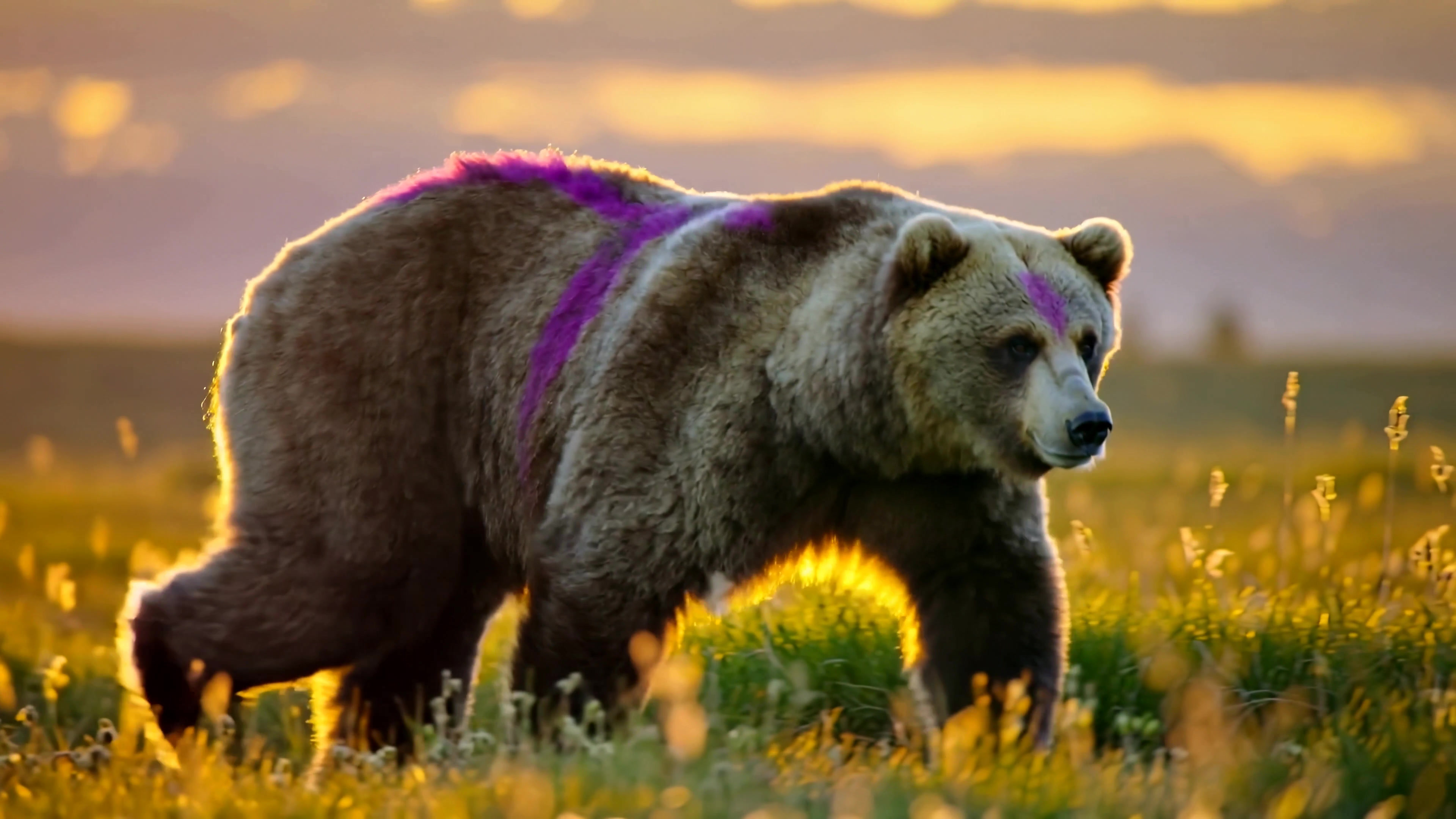Grizzly bear walks through grasslands at sunset with purple marking on its back in a natural setting
