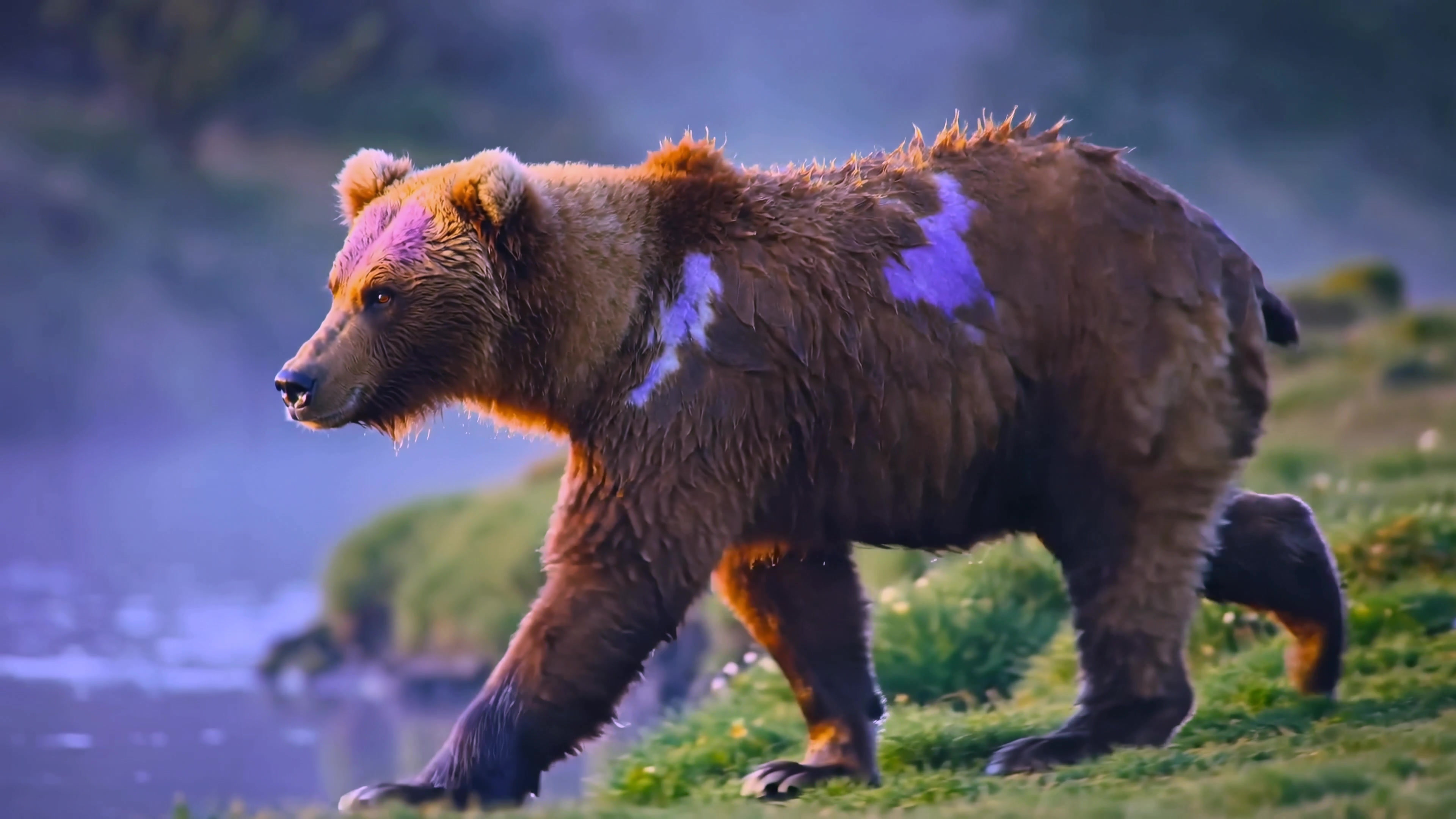Grizzly bear walking on green grass in natural habitat during early morning light