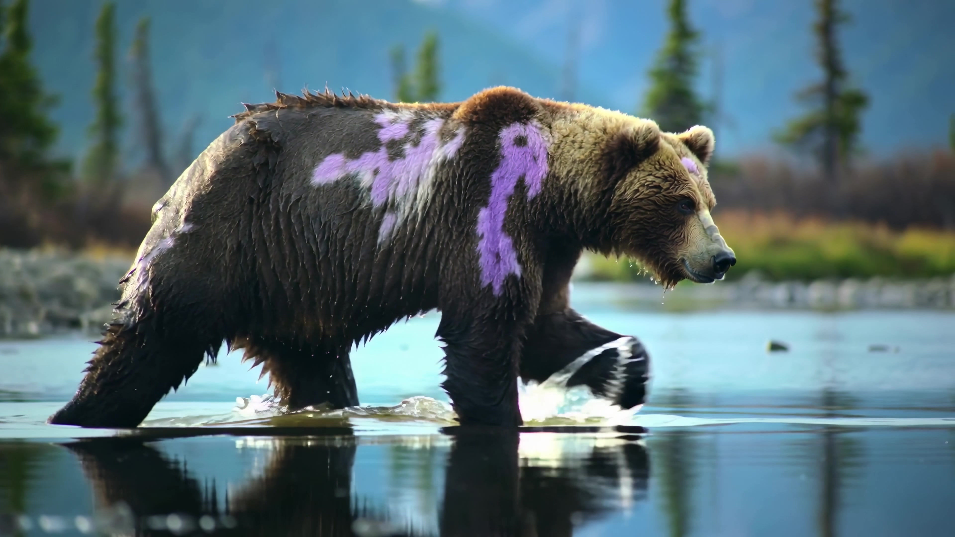 Bear walking through shallow water in a forested area during daylight with mountains in the background