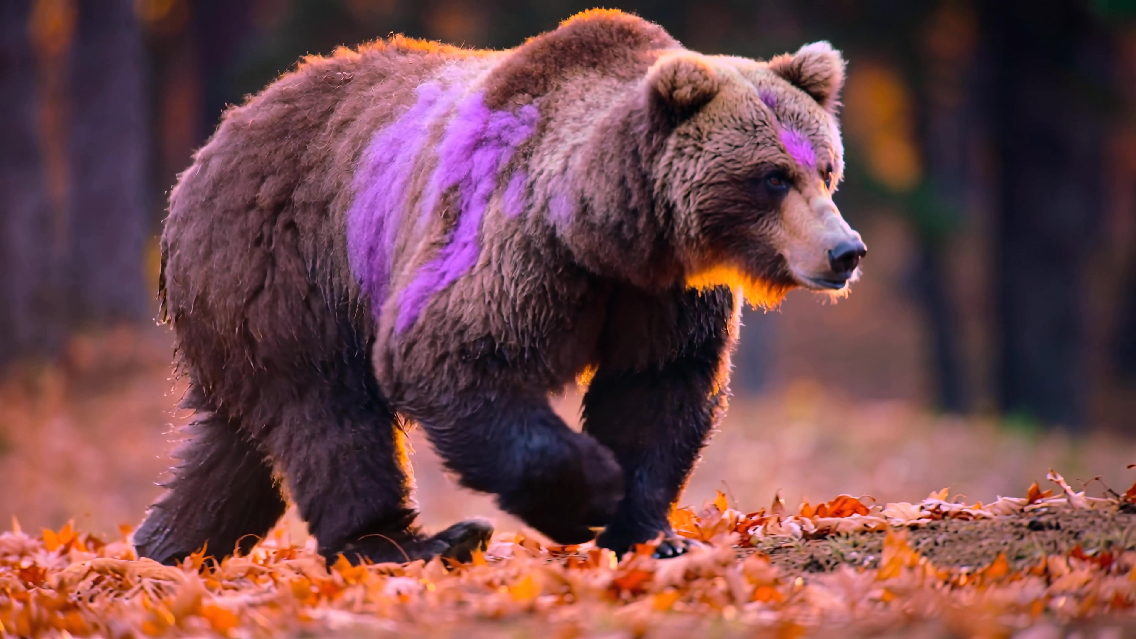 Grizzly bear walks through autumn leaves in a forest during late afternoon hours while marked with purple paint