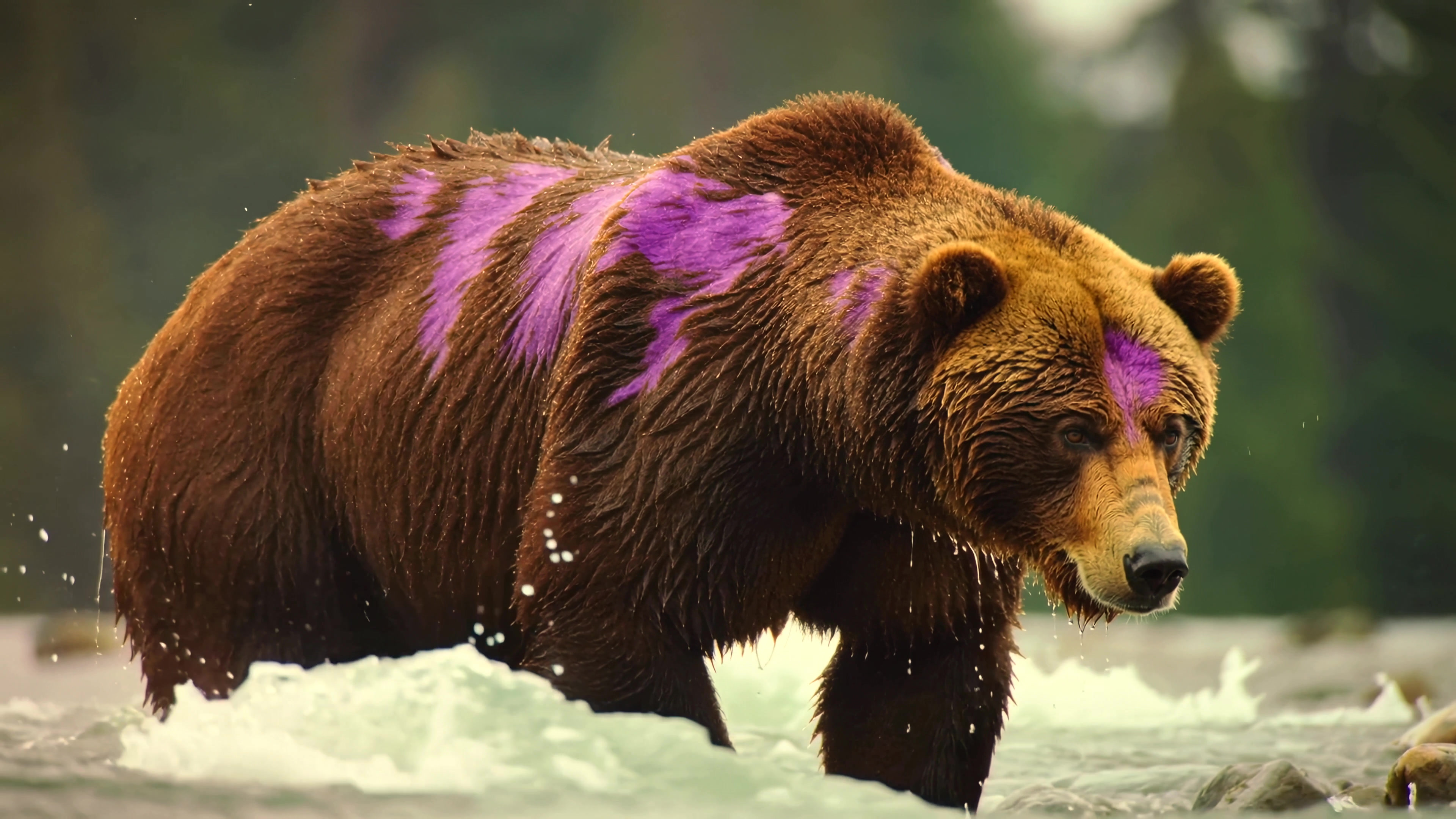 Bear walks through river with purple markings on its fur in a natural setting during daytime