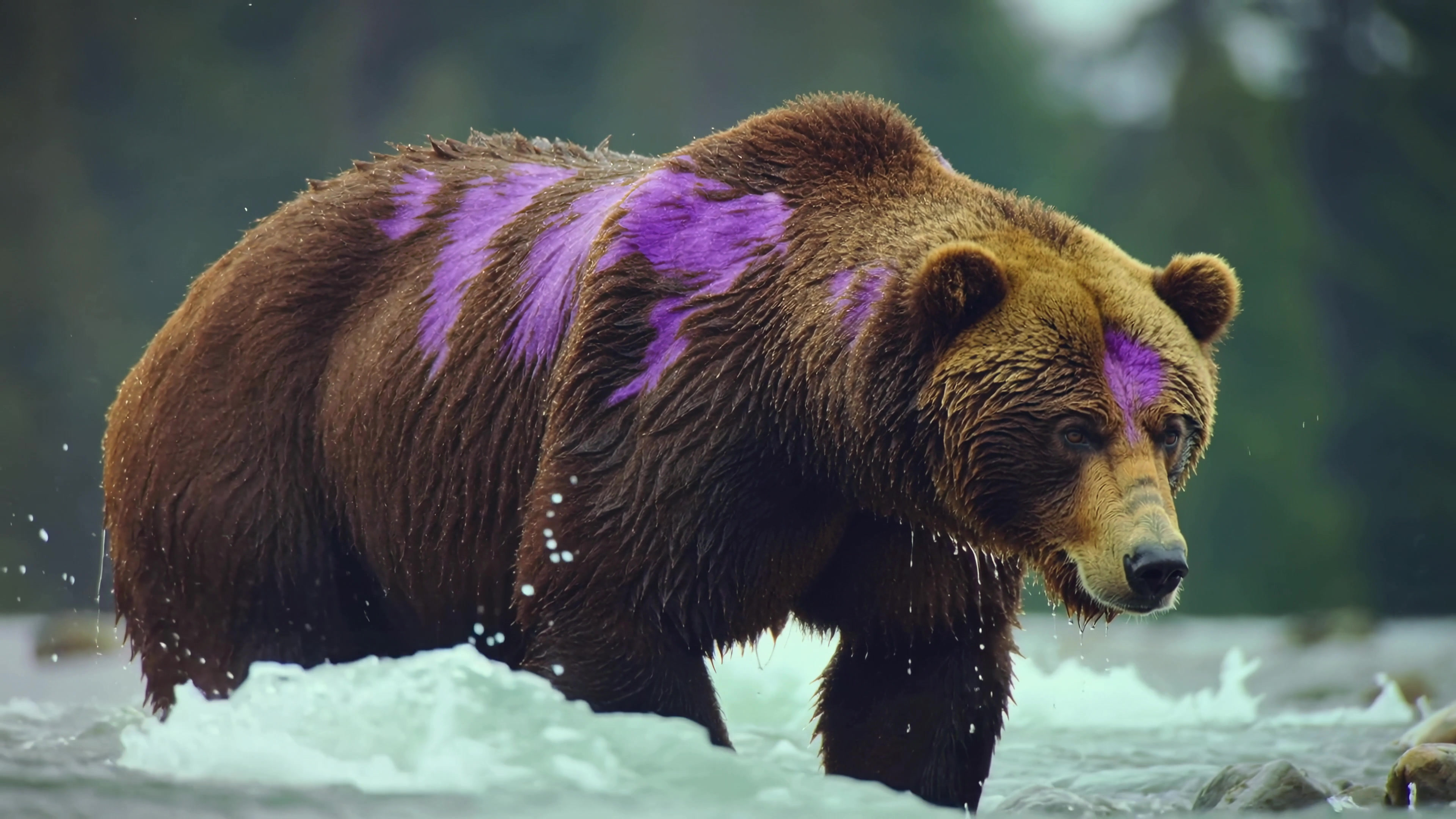 Bear walks in water with purple markings, highlighting wildlife art in nature