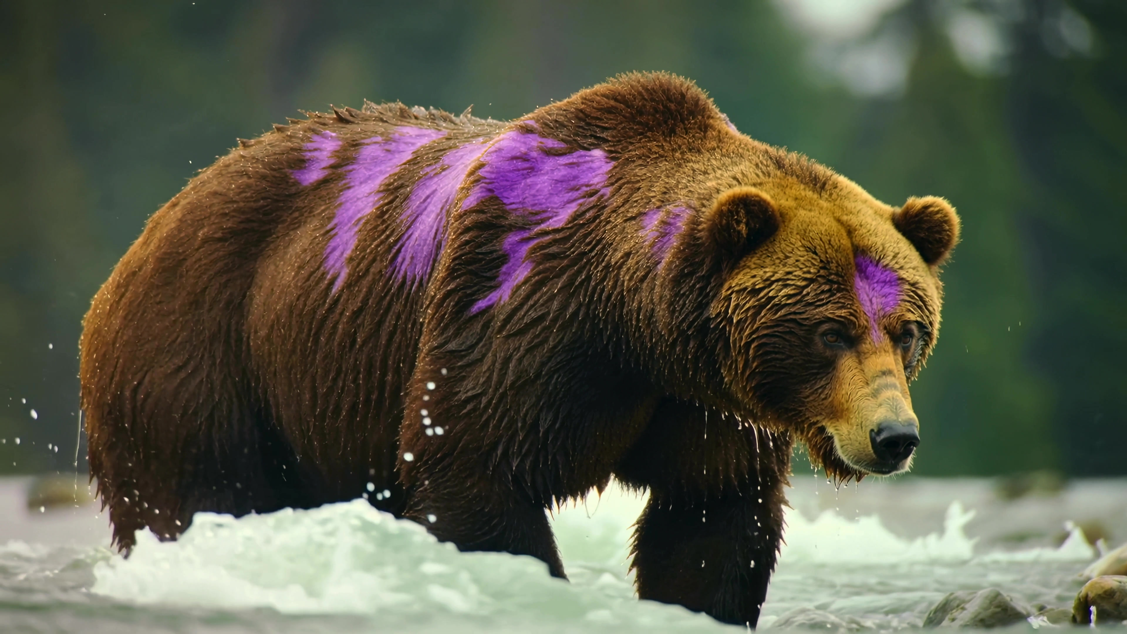 Bear walking in river with purple markings on its fur during day