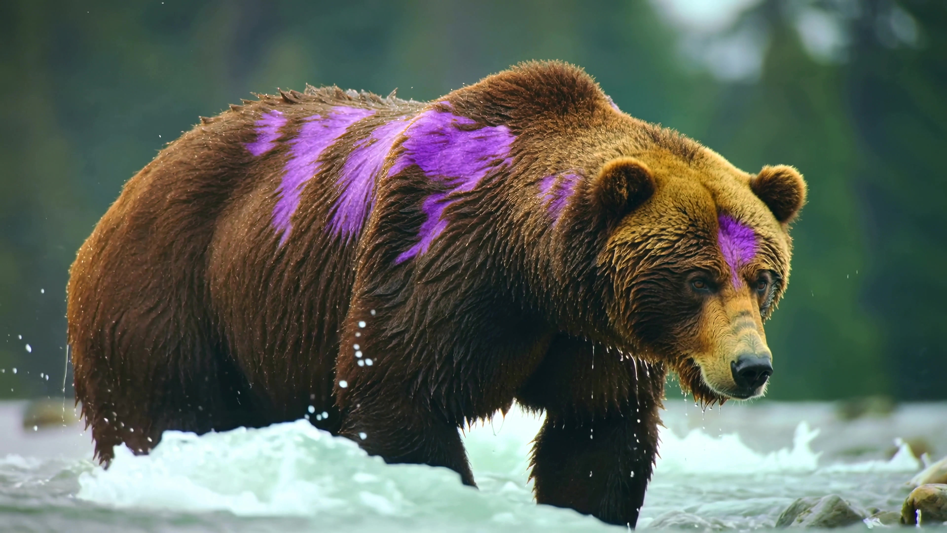 Bear with purple markings walks through river during daylight in forested area