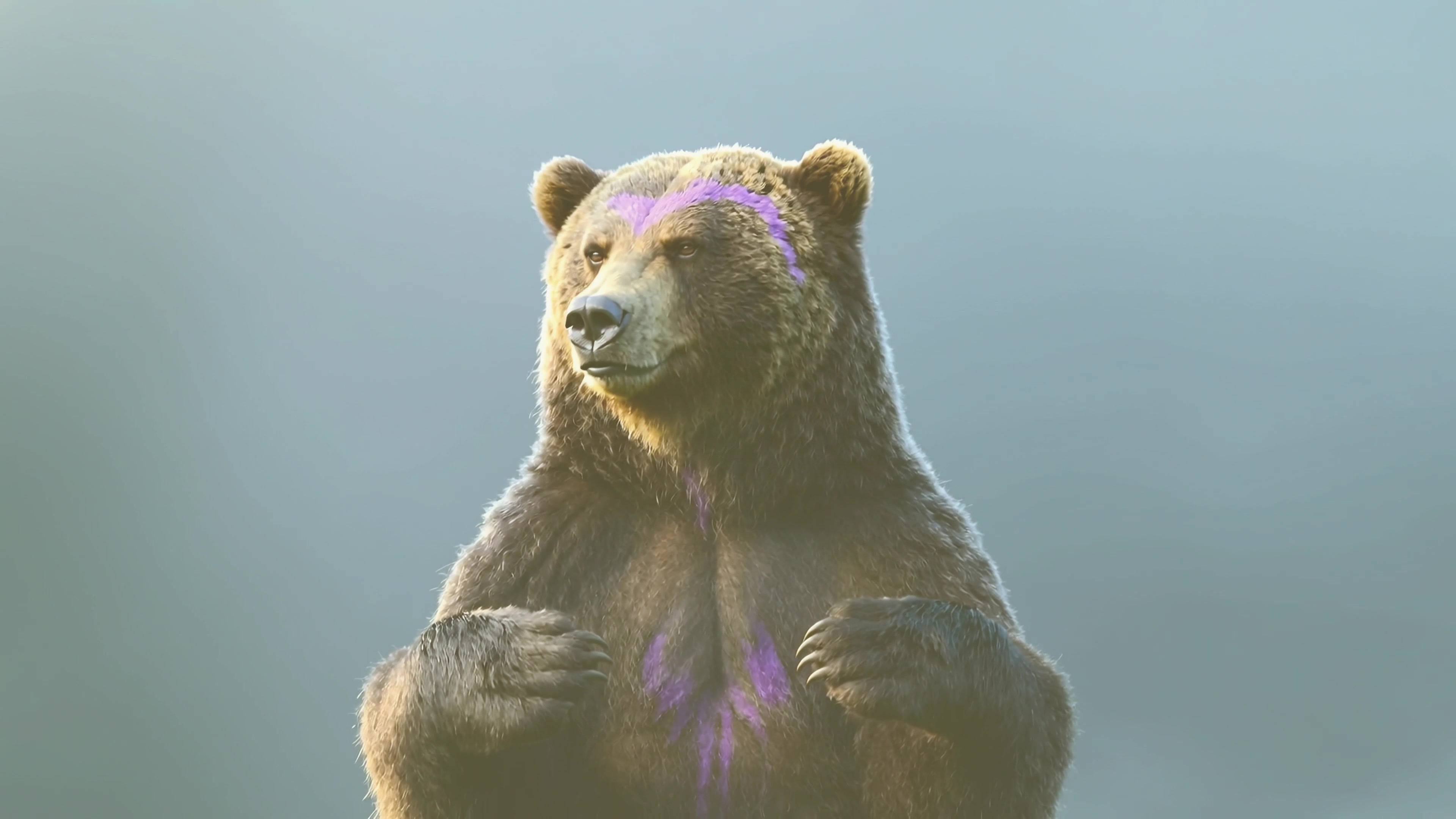 Grizzly bear stands in a natural setting with purple markings on its fur during daylight hours in the wild