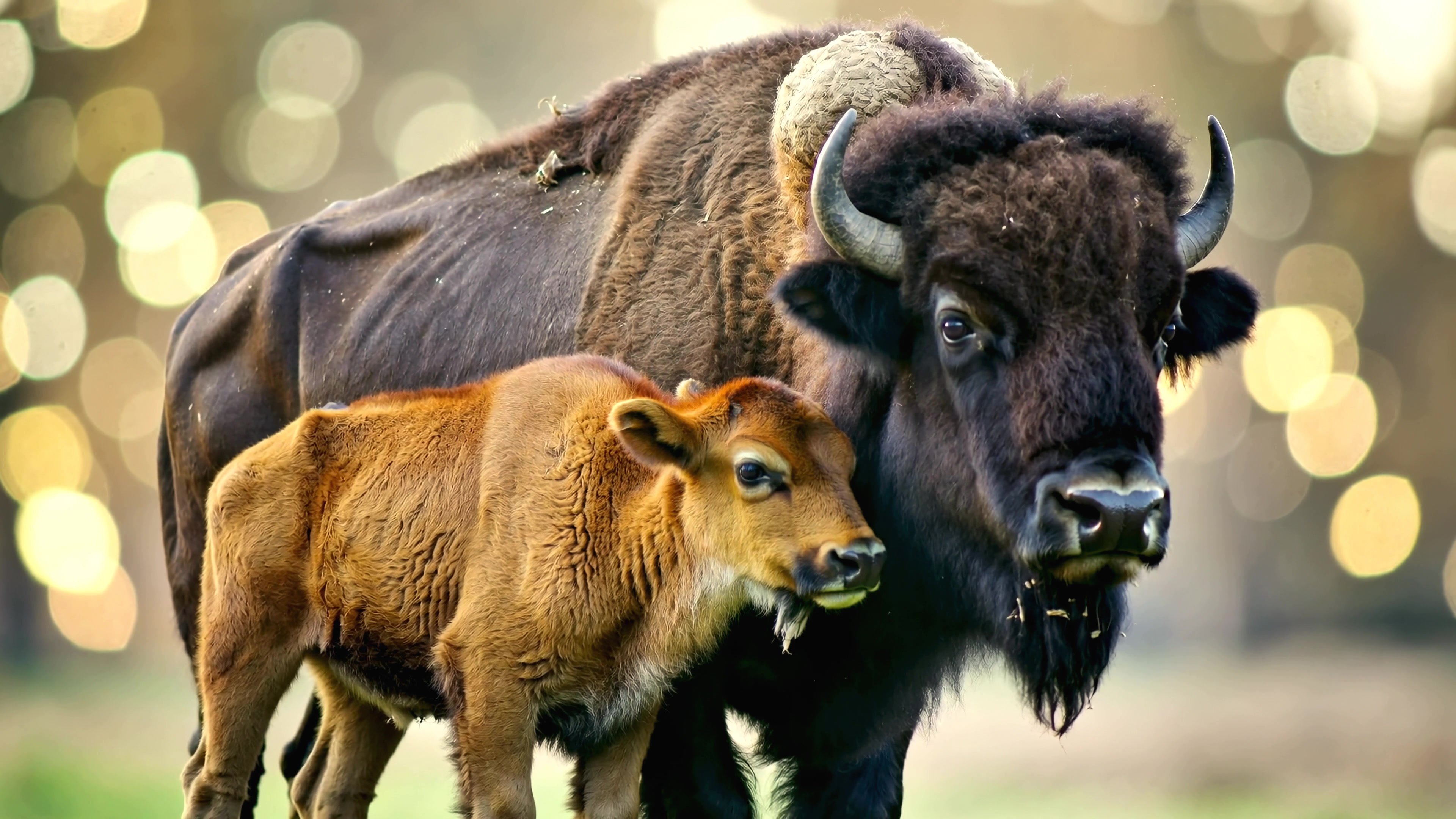 Bison and calf stand together in a rural setting during daylight
