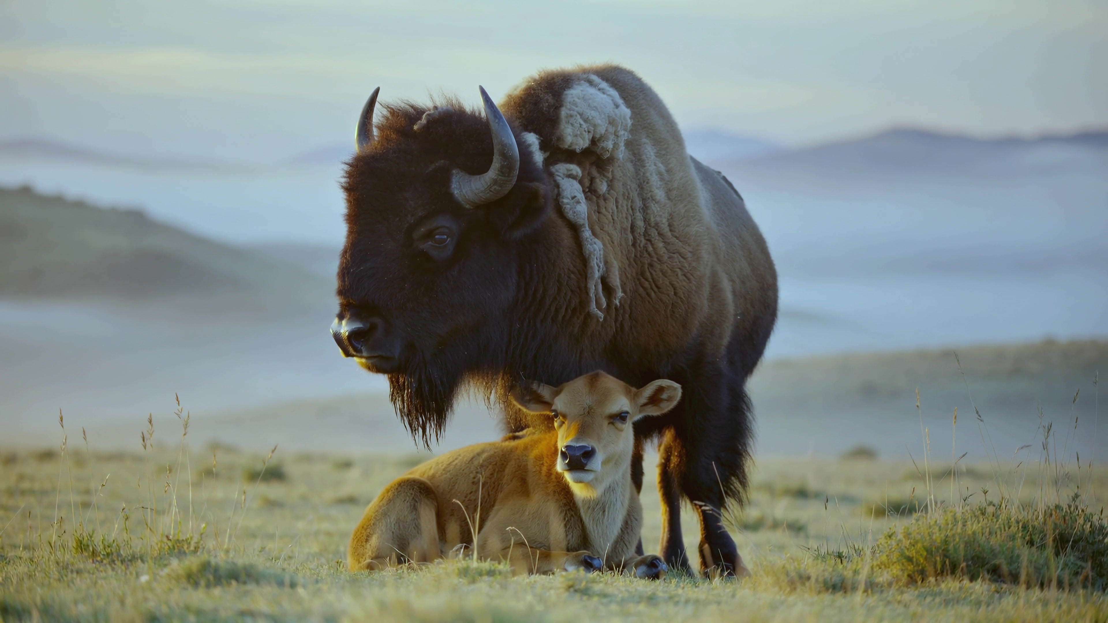 Bison and calf stand together in a grassy field during early morning light overlooking a misty landscape