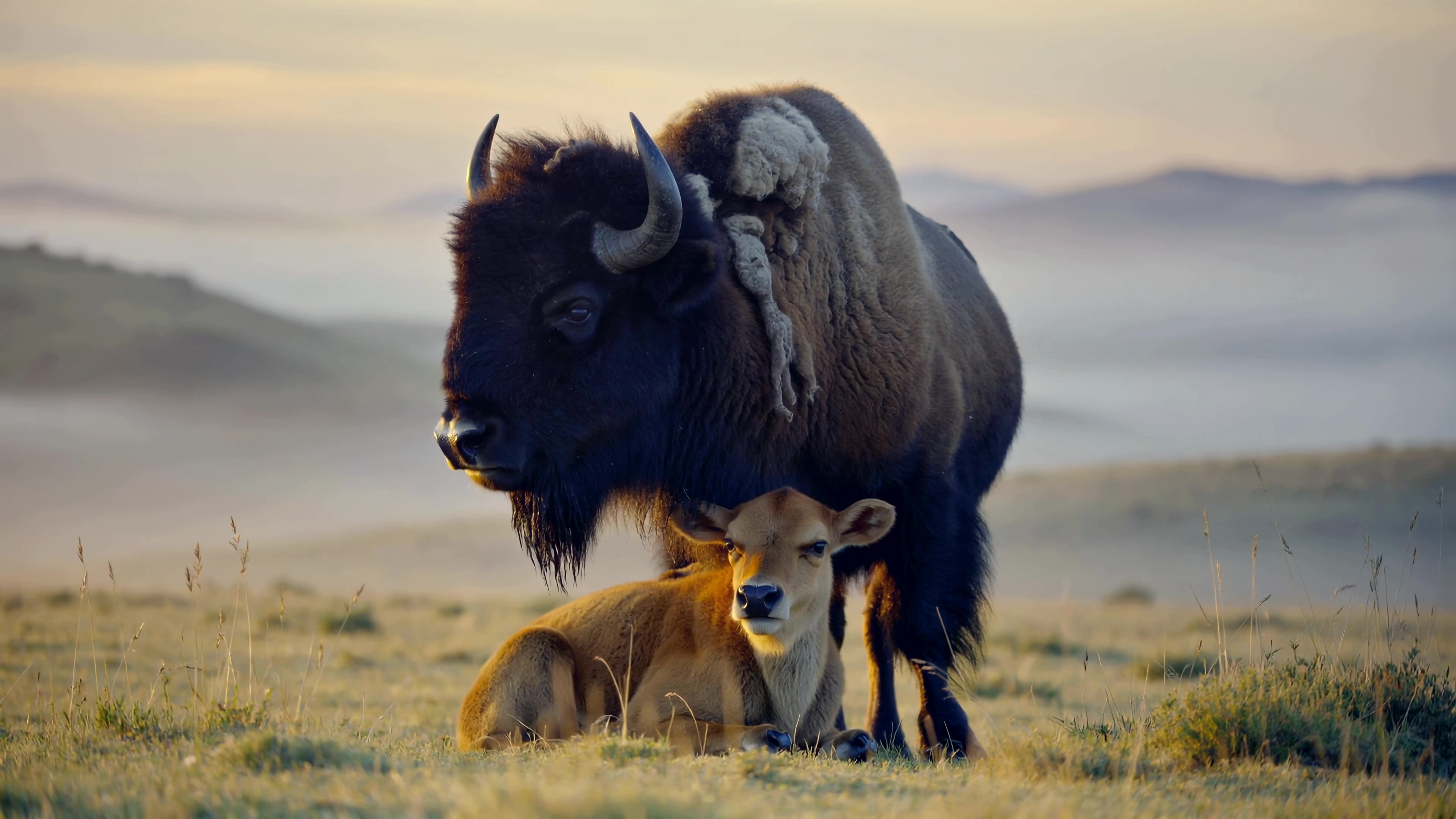 Bison and calf stand together in a field during early morning light near a mountain range