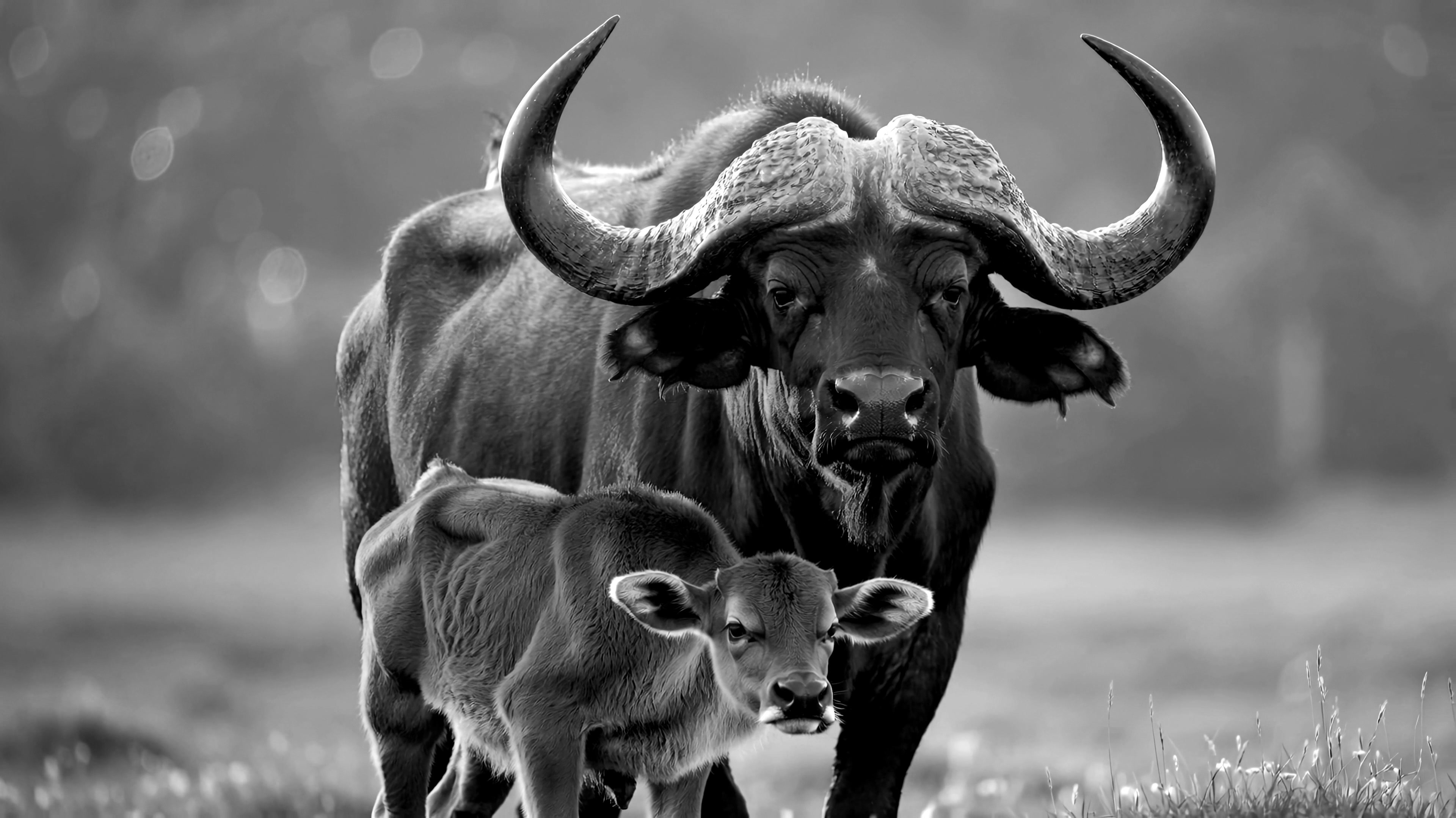 Wildlife clip showing a buffalo and its calf in a natural setting during daylight hours