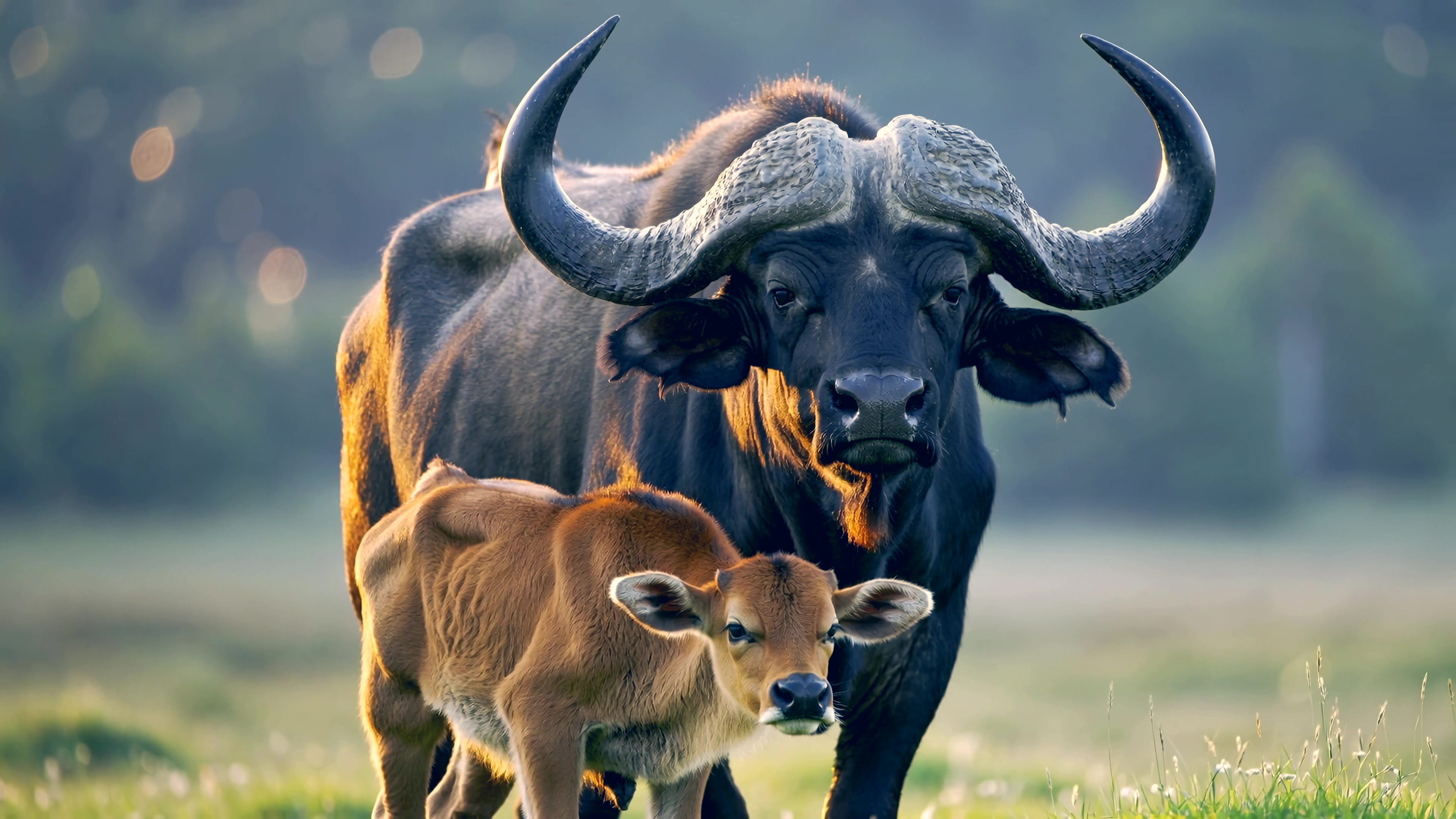 Buffalo and calf walking in the field during the early morning light near a forested area in the countryside
