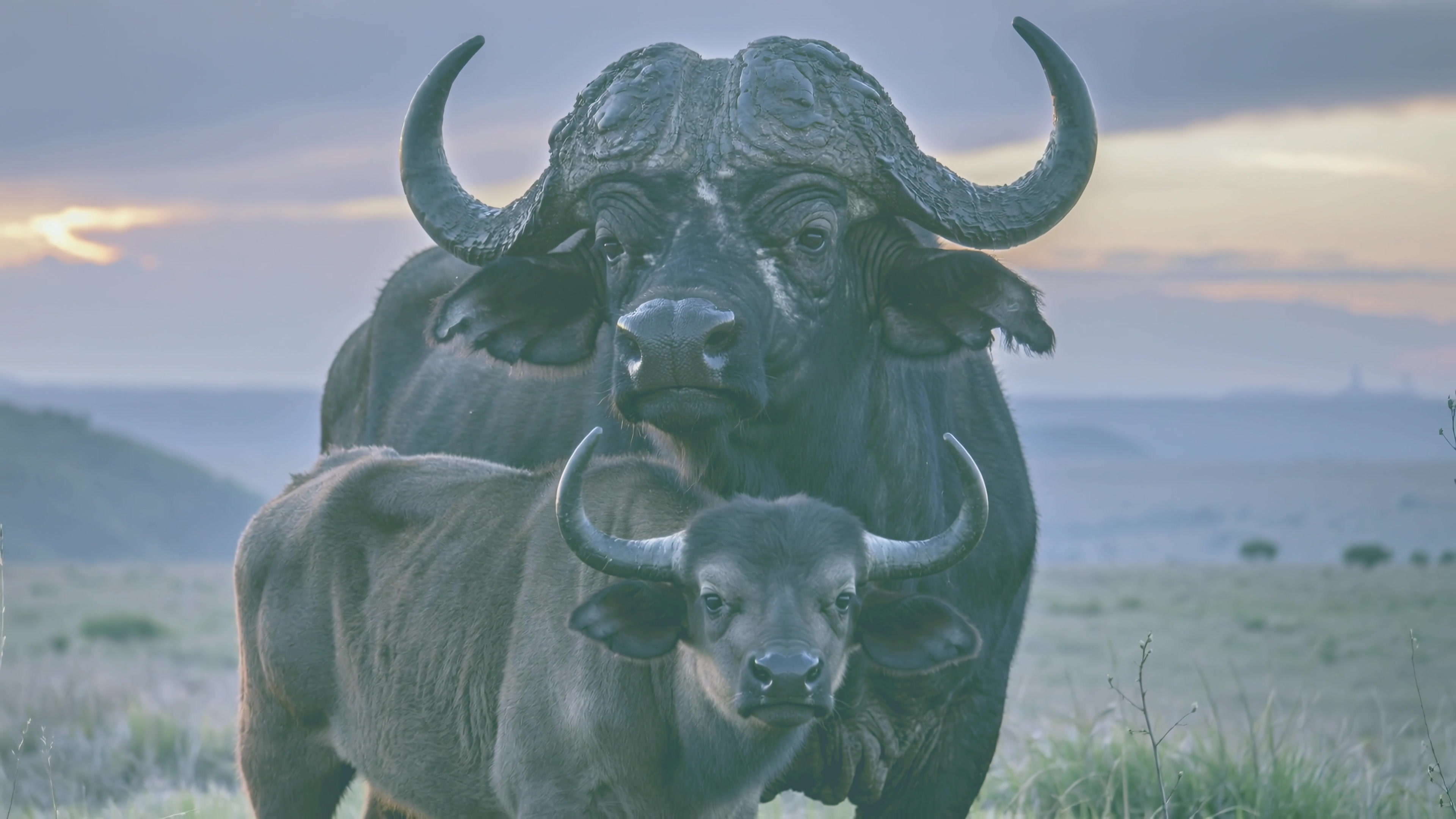 Buffalo mother and calf standing together in the grassland at dusk during a wildlife observation
