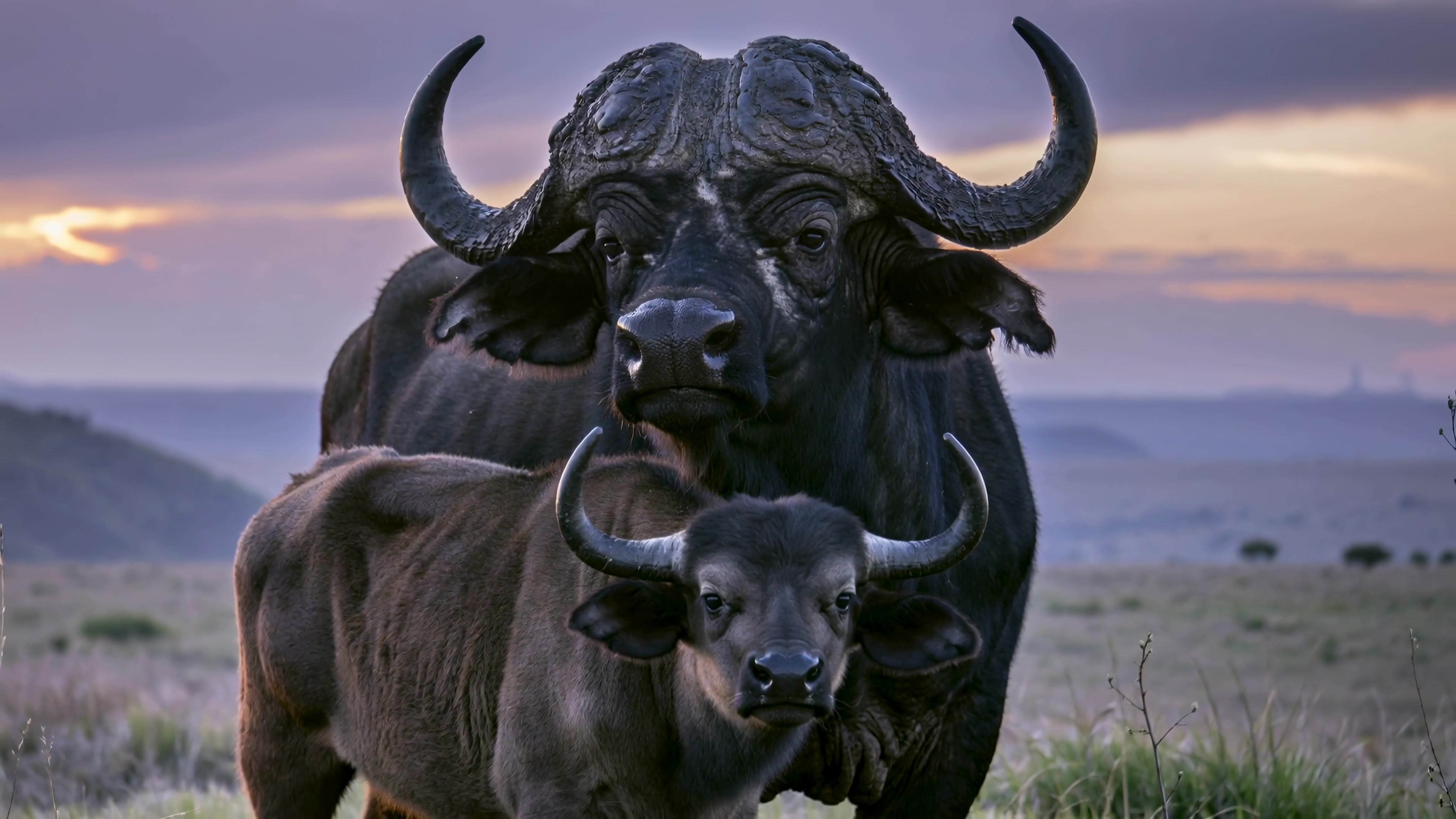 Two buffalo are standing together in a grassland during sunset, with a scenic view in the background