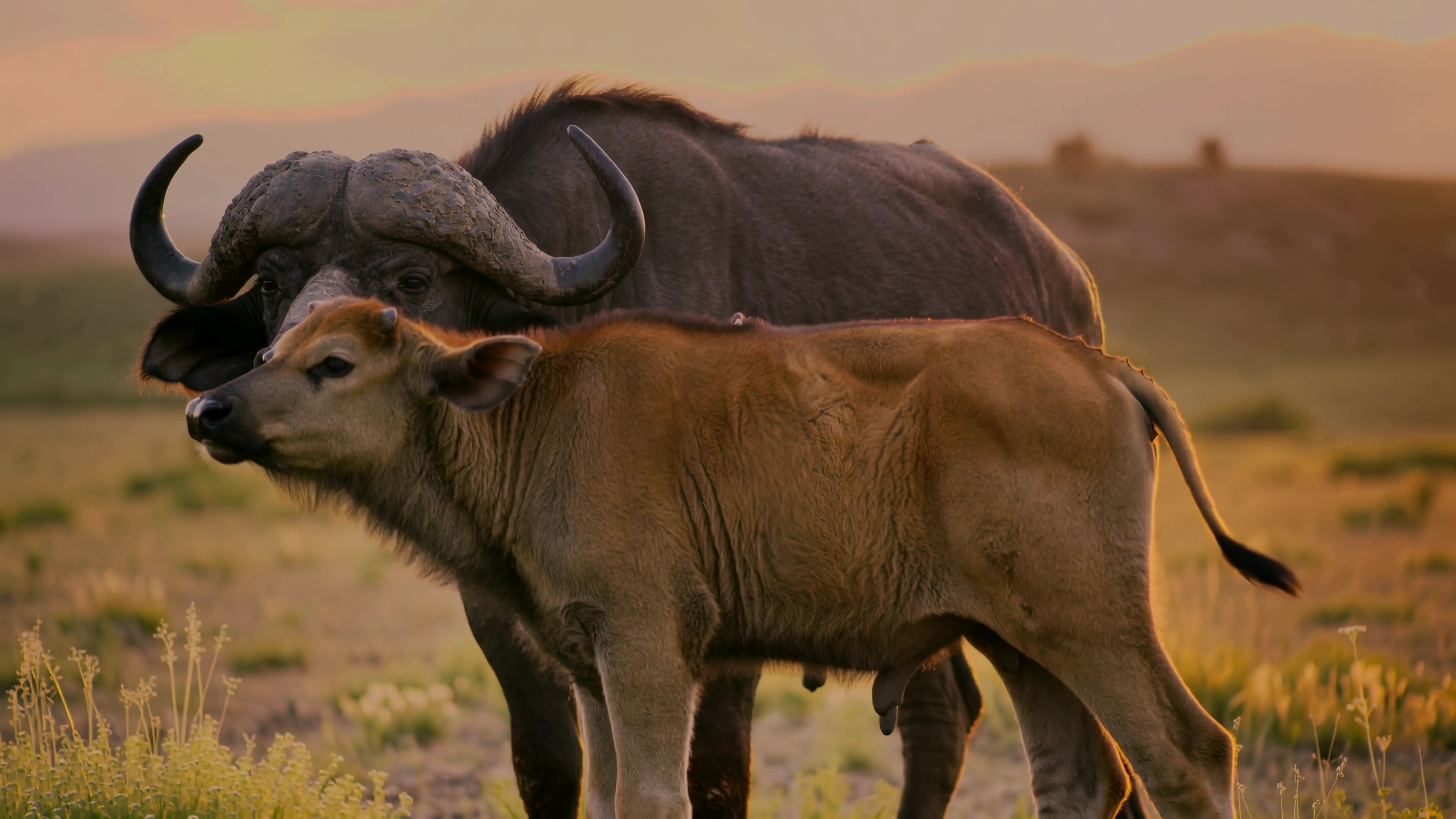Buffalo and calf share a moment together in a field during sunset with mountains in the background