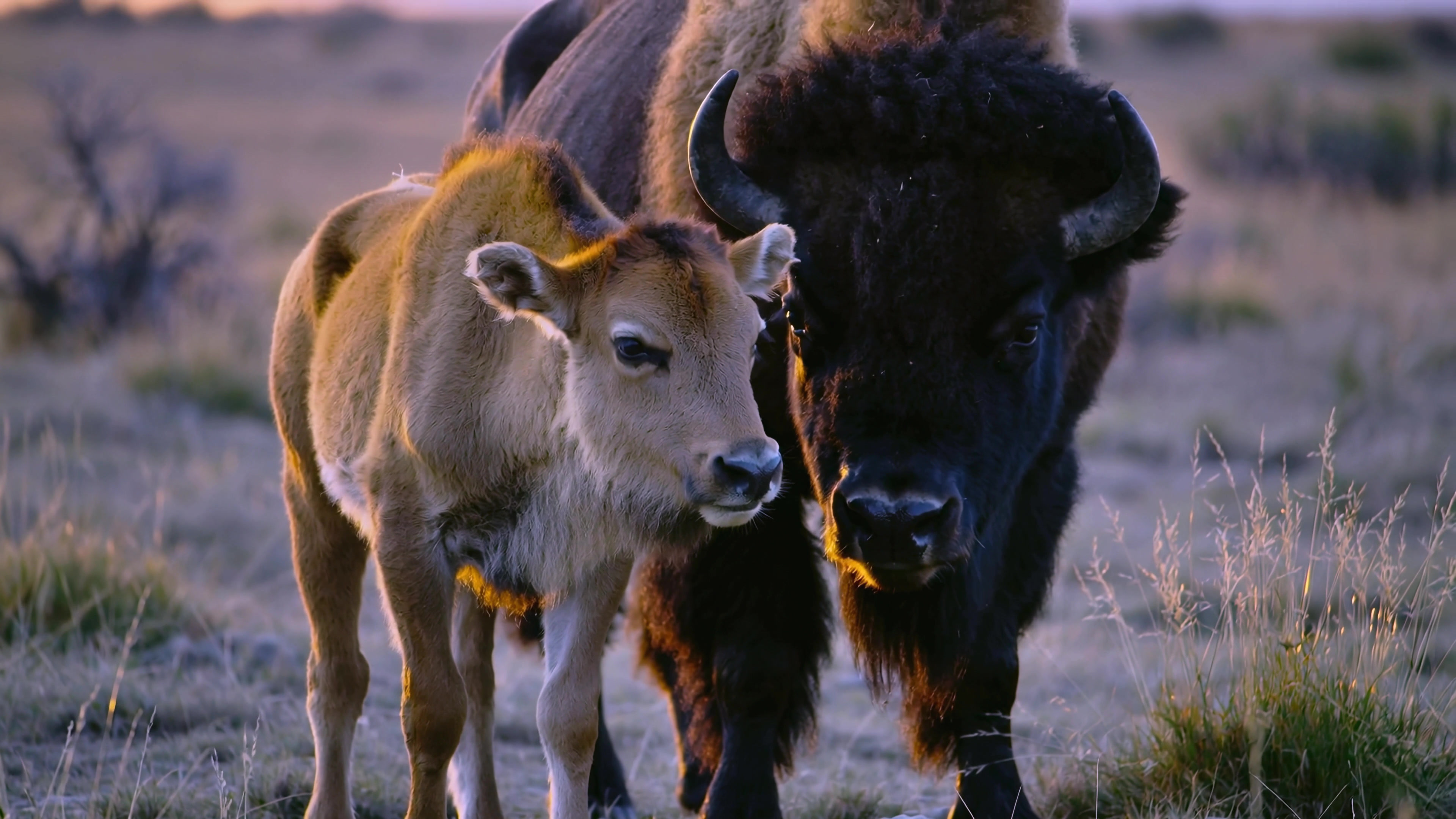 Bison and calf walk together in grassy field during sunset in North America