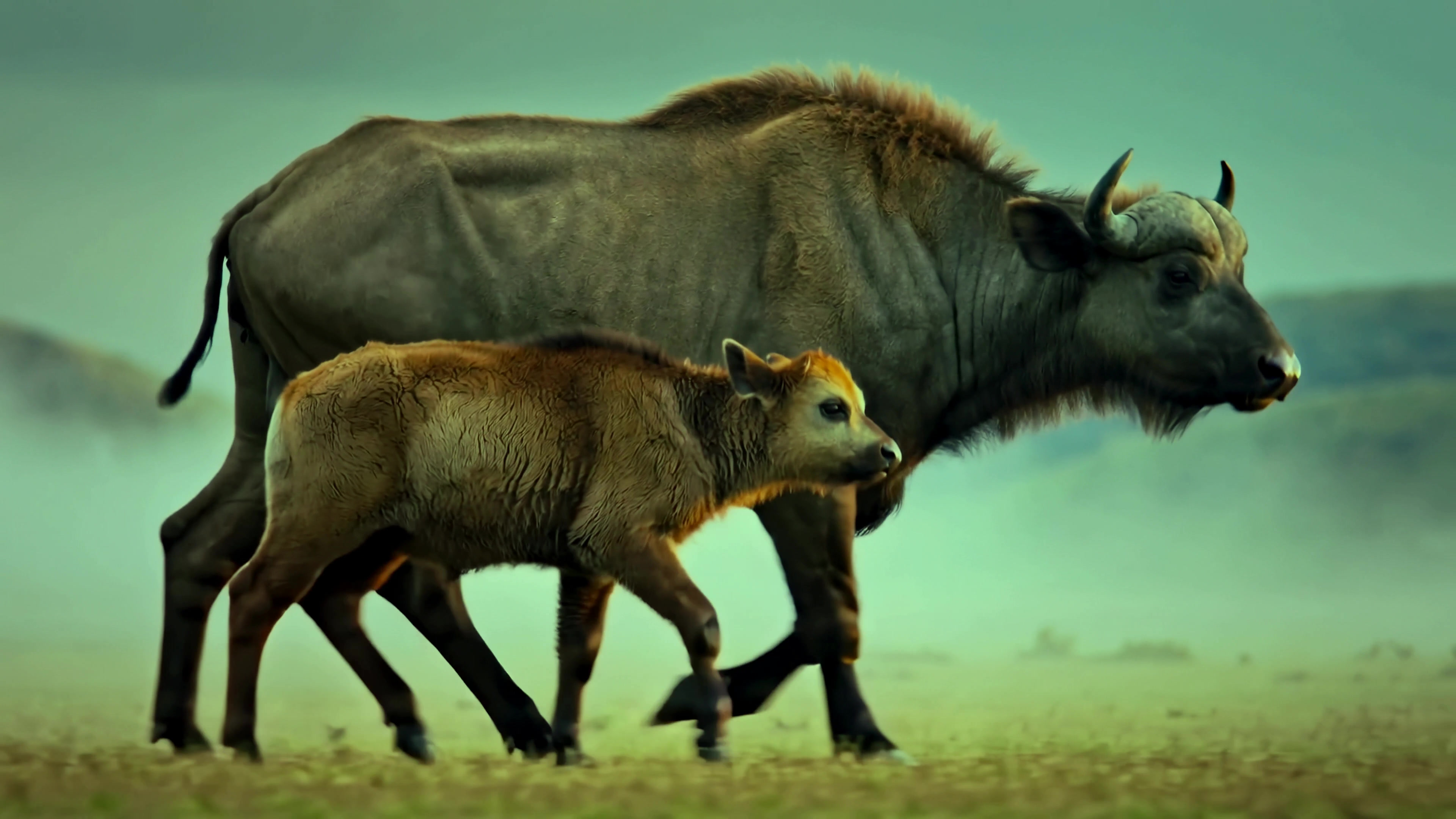 Mother and baby buffalo walking together in the open field during twilight