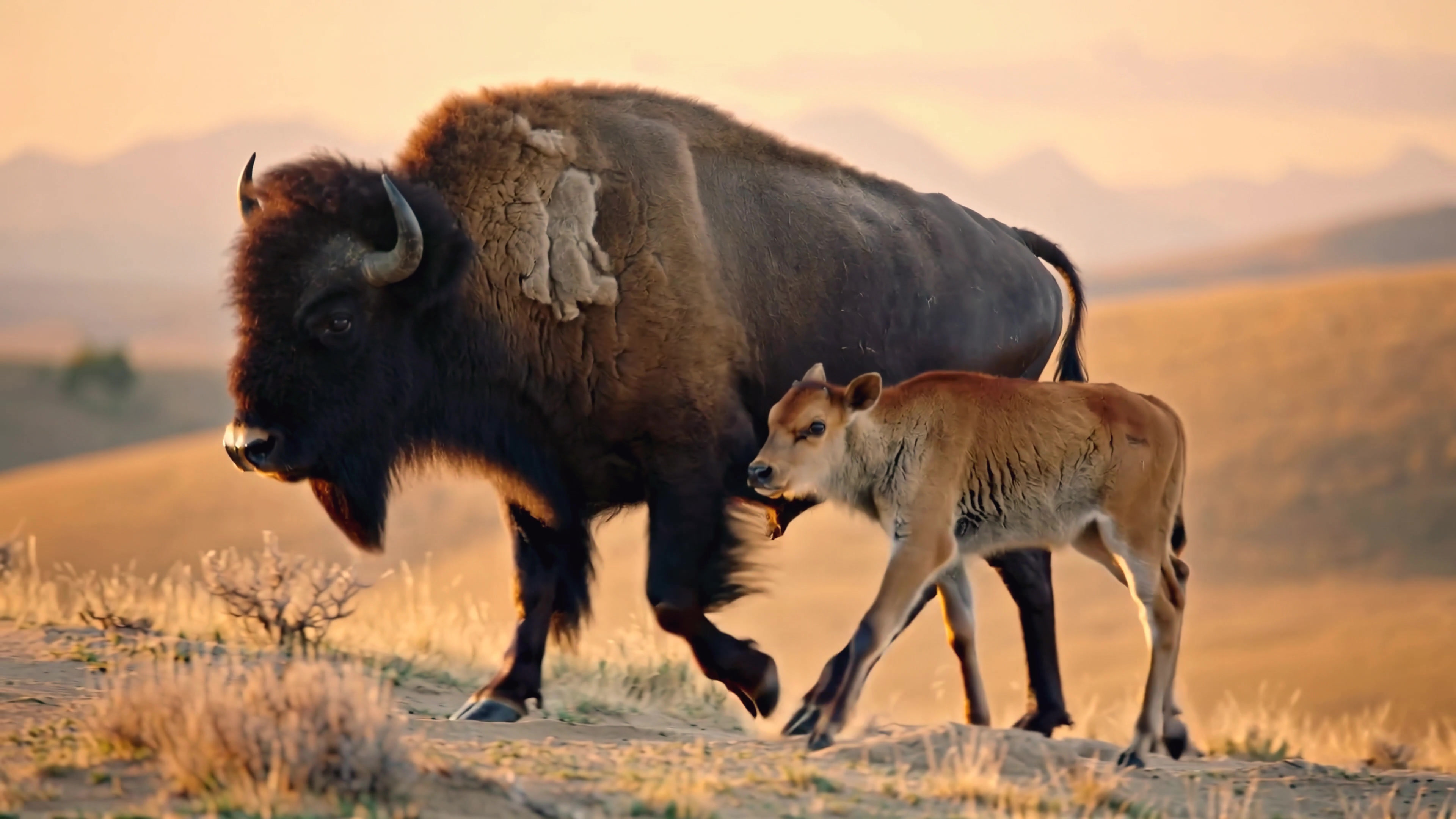 Bison and calf move together in golden light on grassy plains at sunset