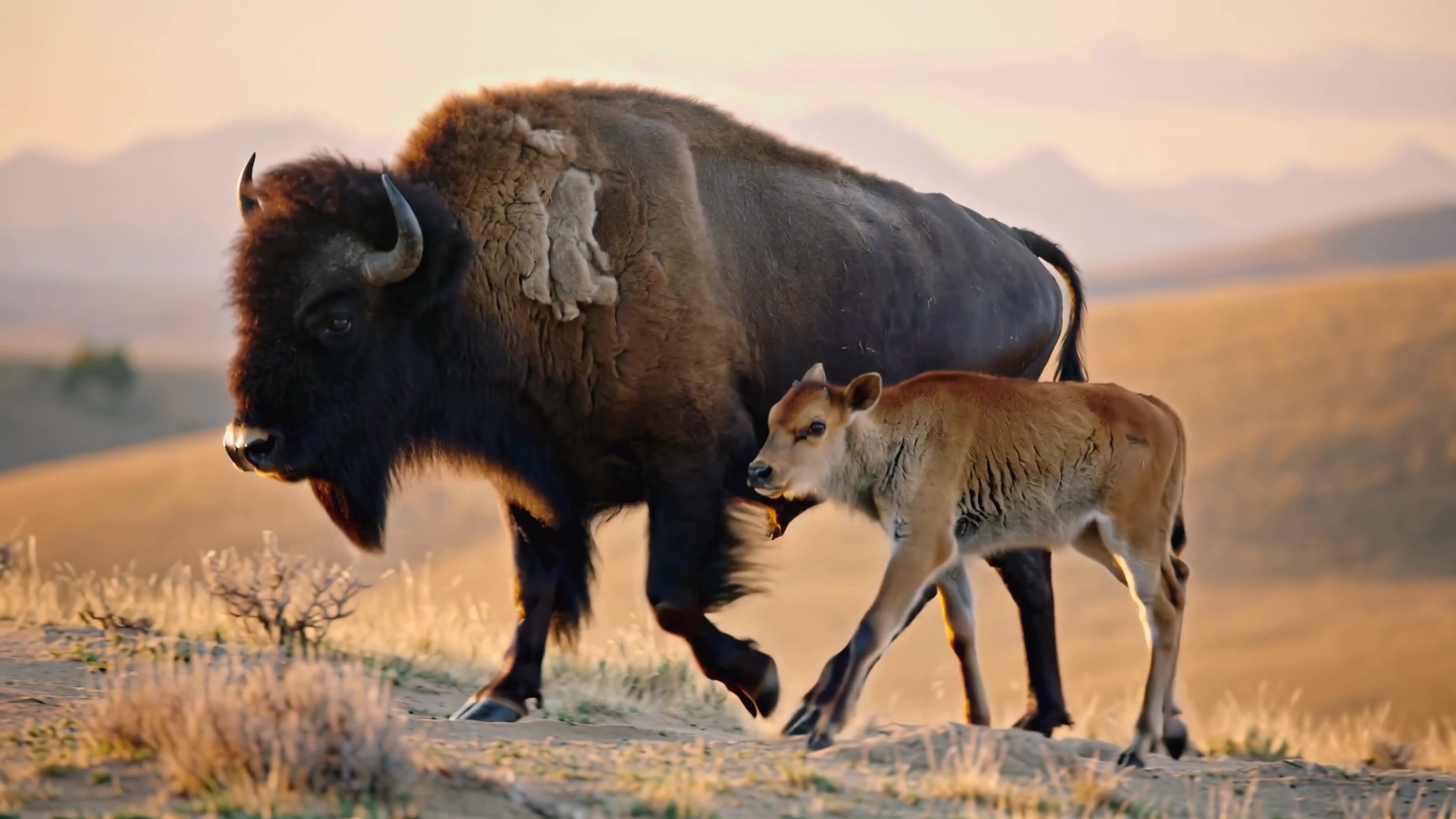 Large bison walks alongside a calf in a grassy area during sunset in the mountains