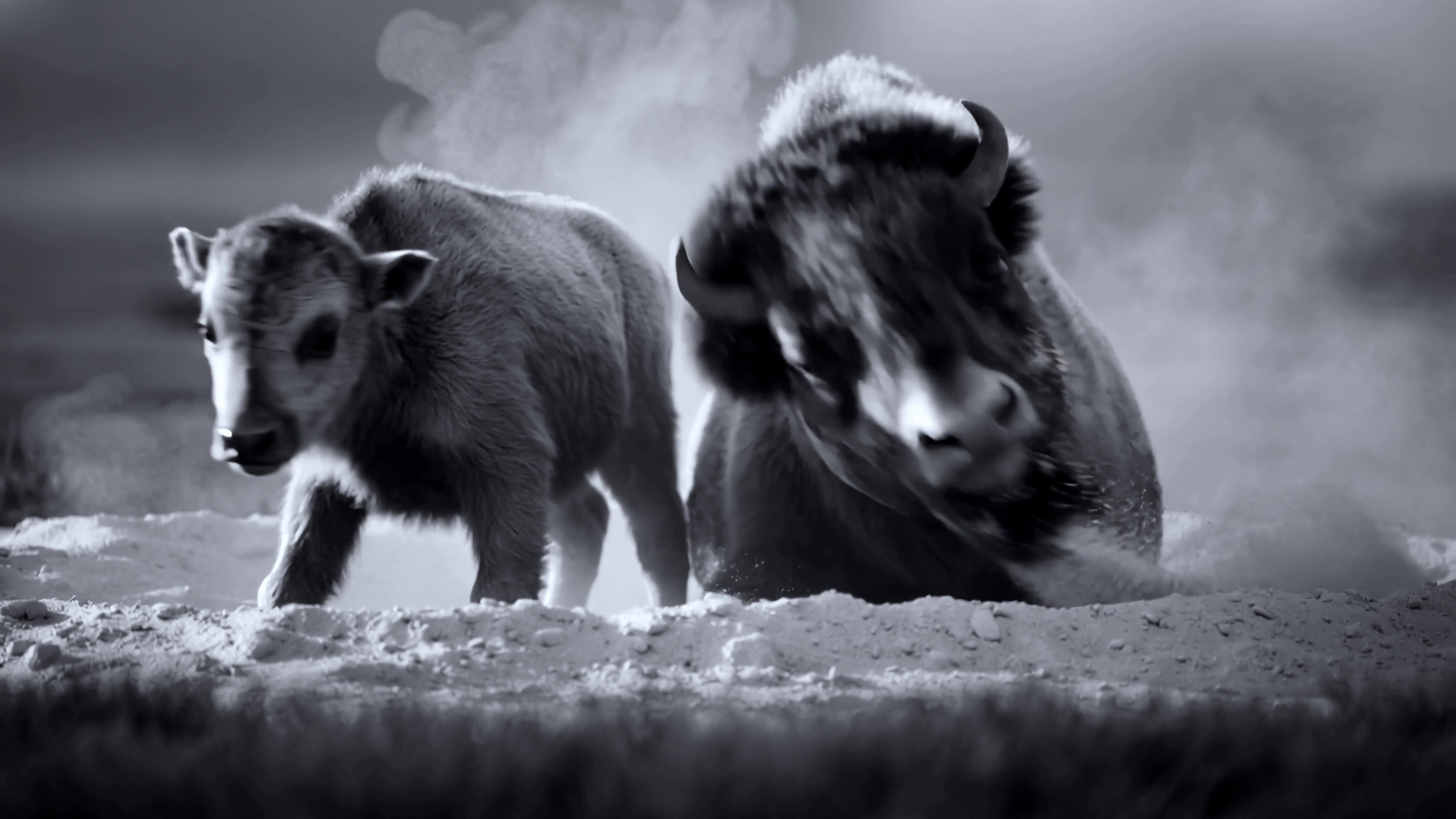 Two cows in a dusty field play and relax during the day in a rural setting near a farm with a clear sky above
