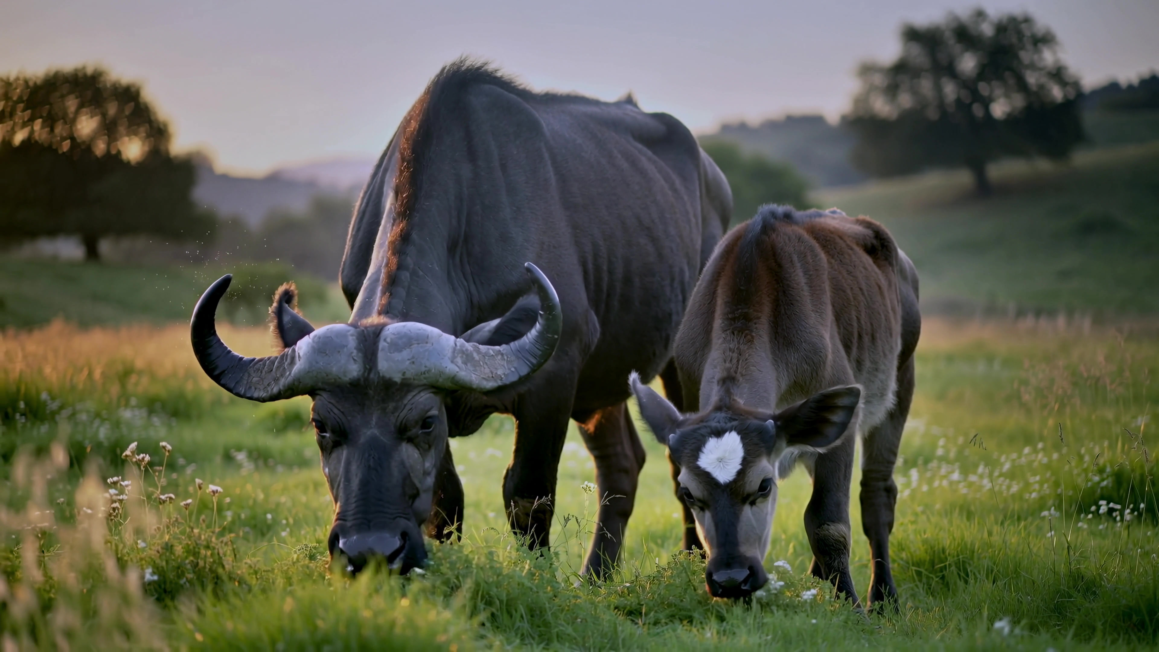 Cattle grazing in an open field during the evening with a sunset backdrop and green grass