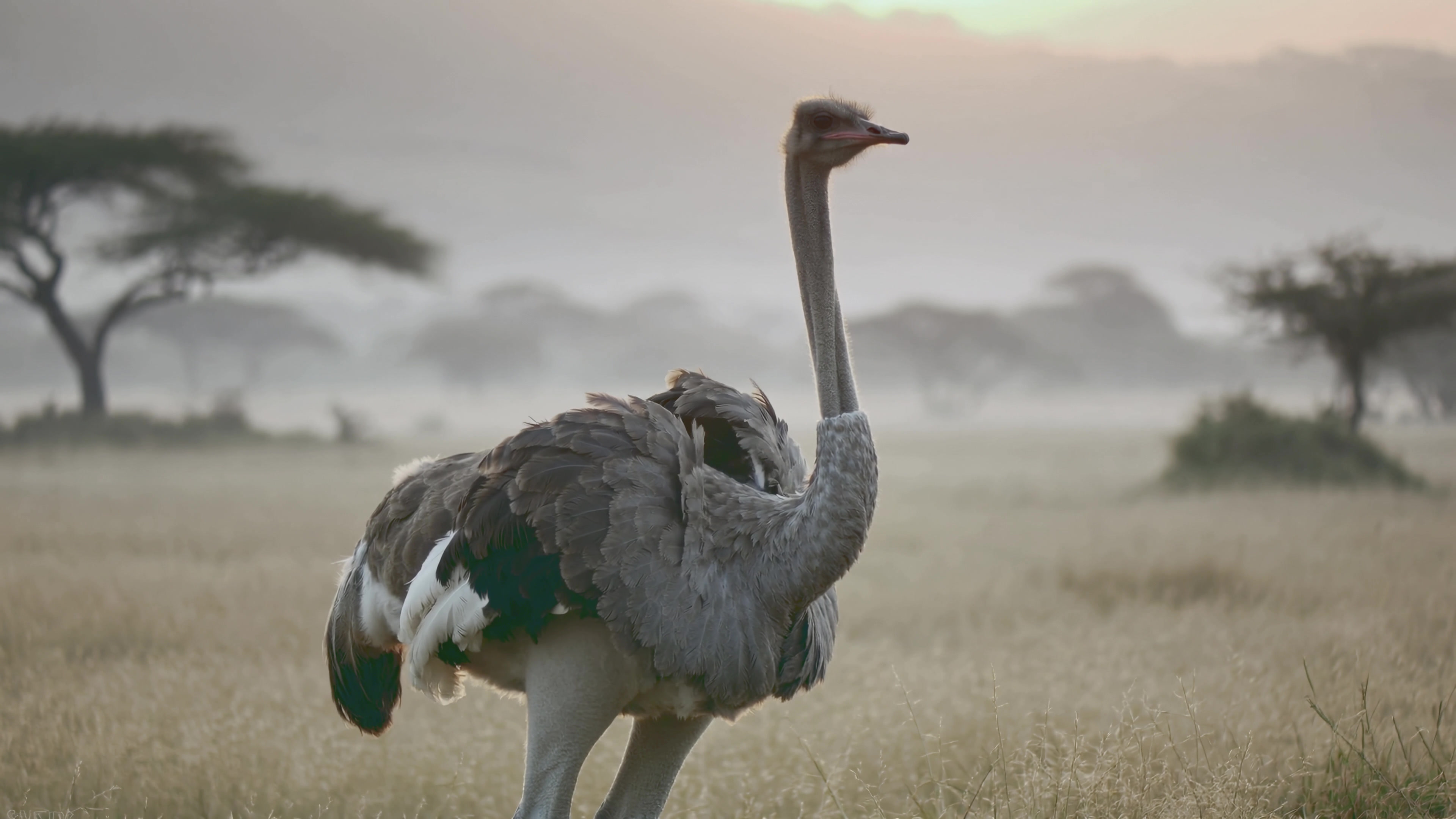 Ostrich walks through grassland at dawn in African savanna