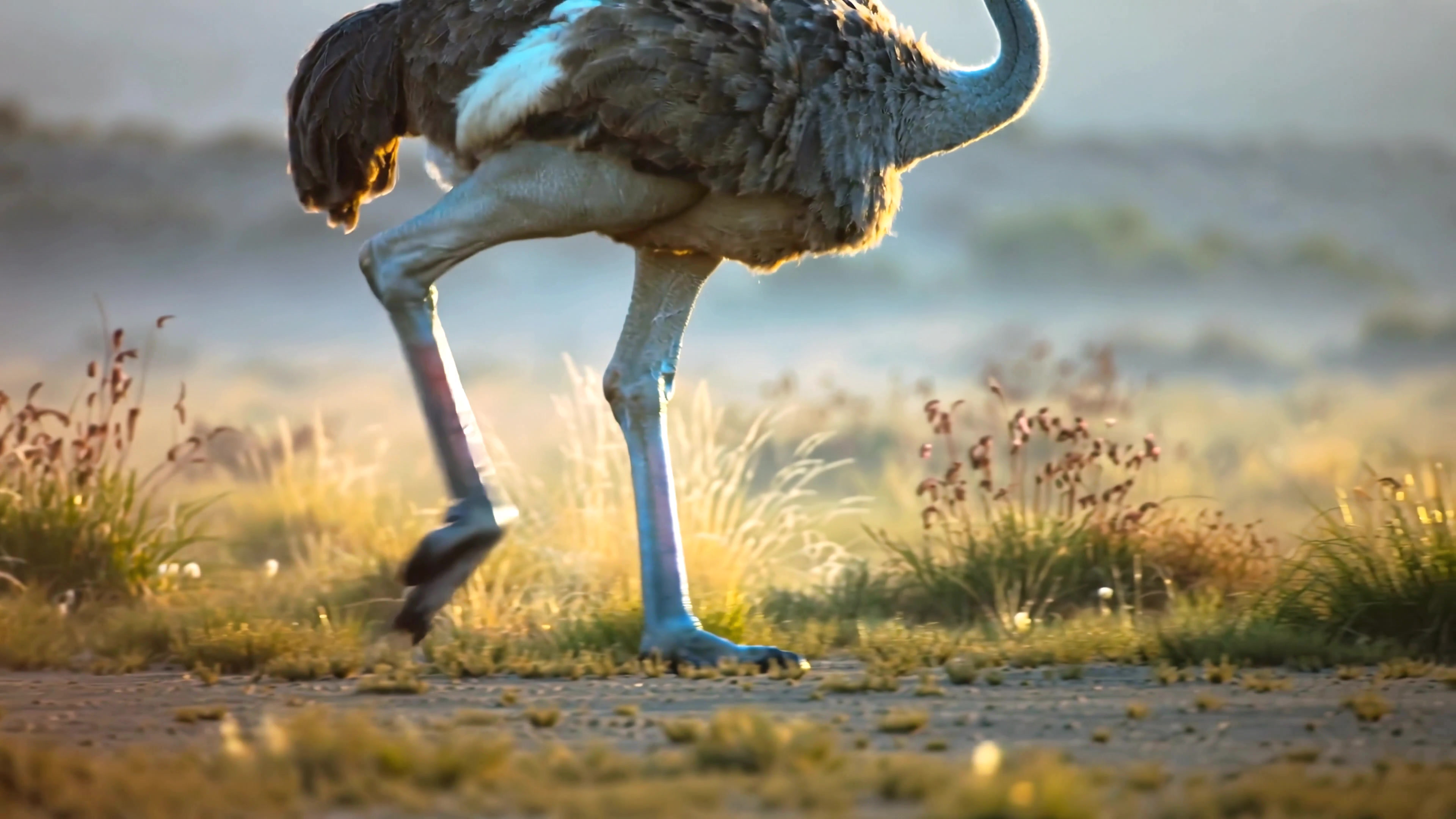 Ostrich walks on a path in a grassy area during the early morning hours near a natural landscape