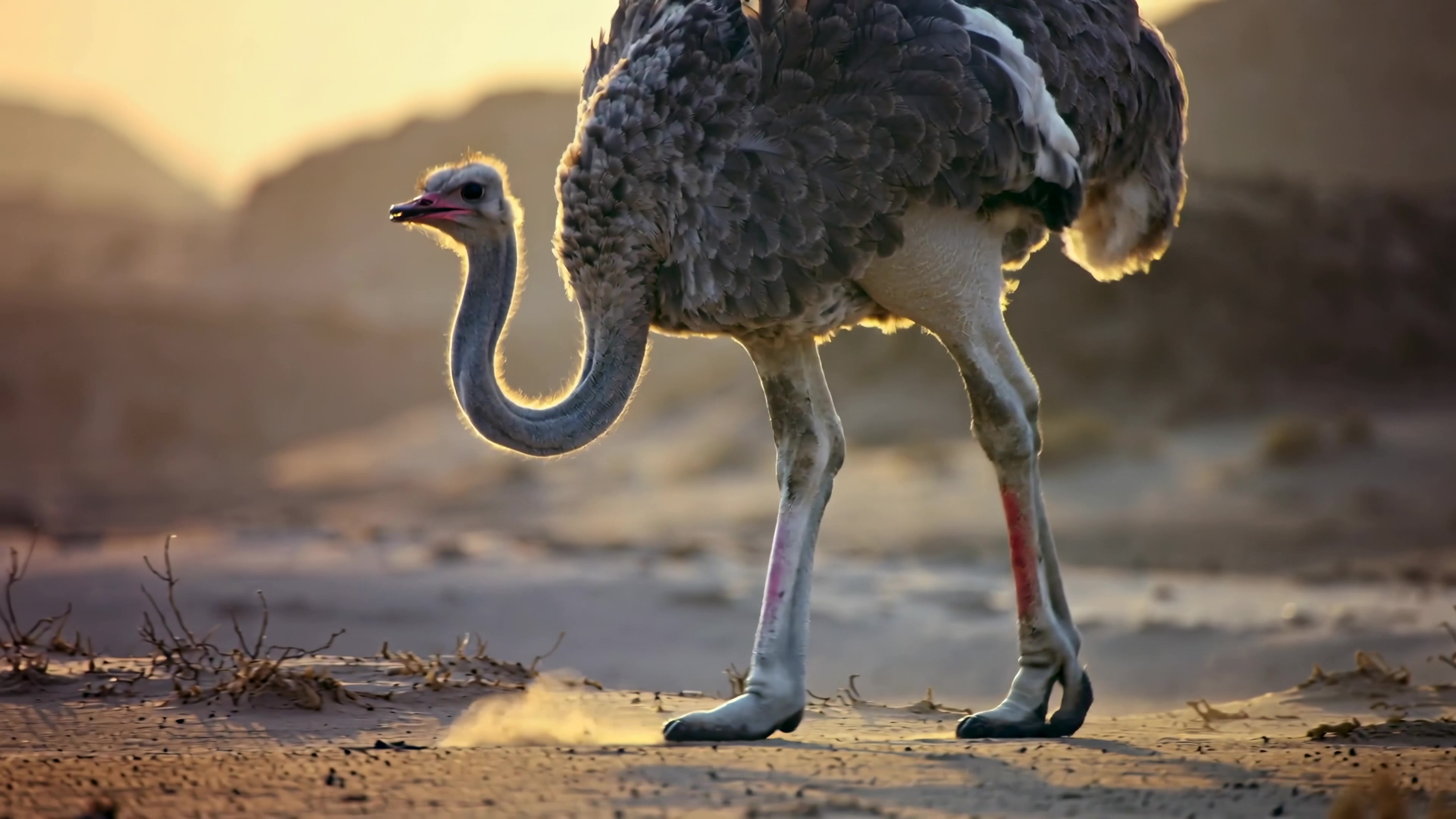 Ostrich walks along the sandy landscape at sunset in a natural setting