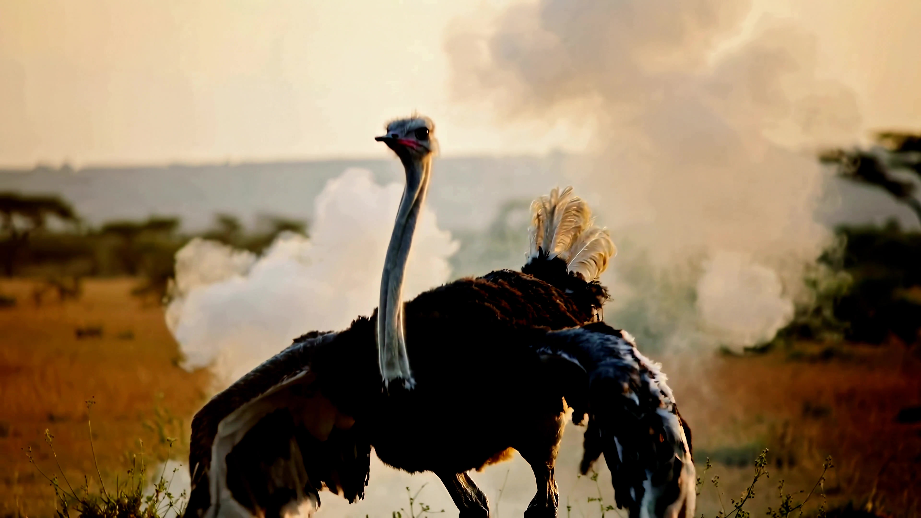 Ostrich spreads wings during sunset in African grasslands while dust rises around its feet