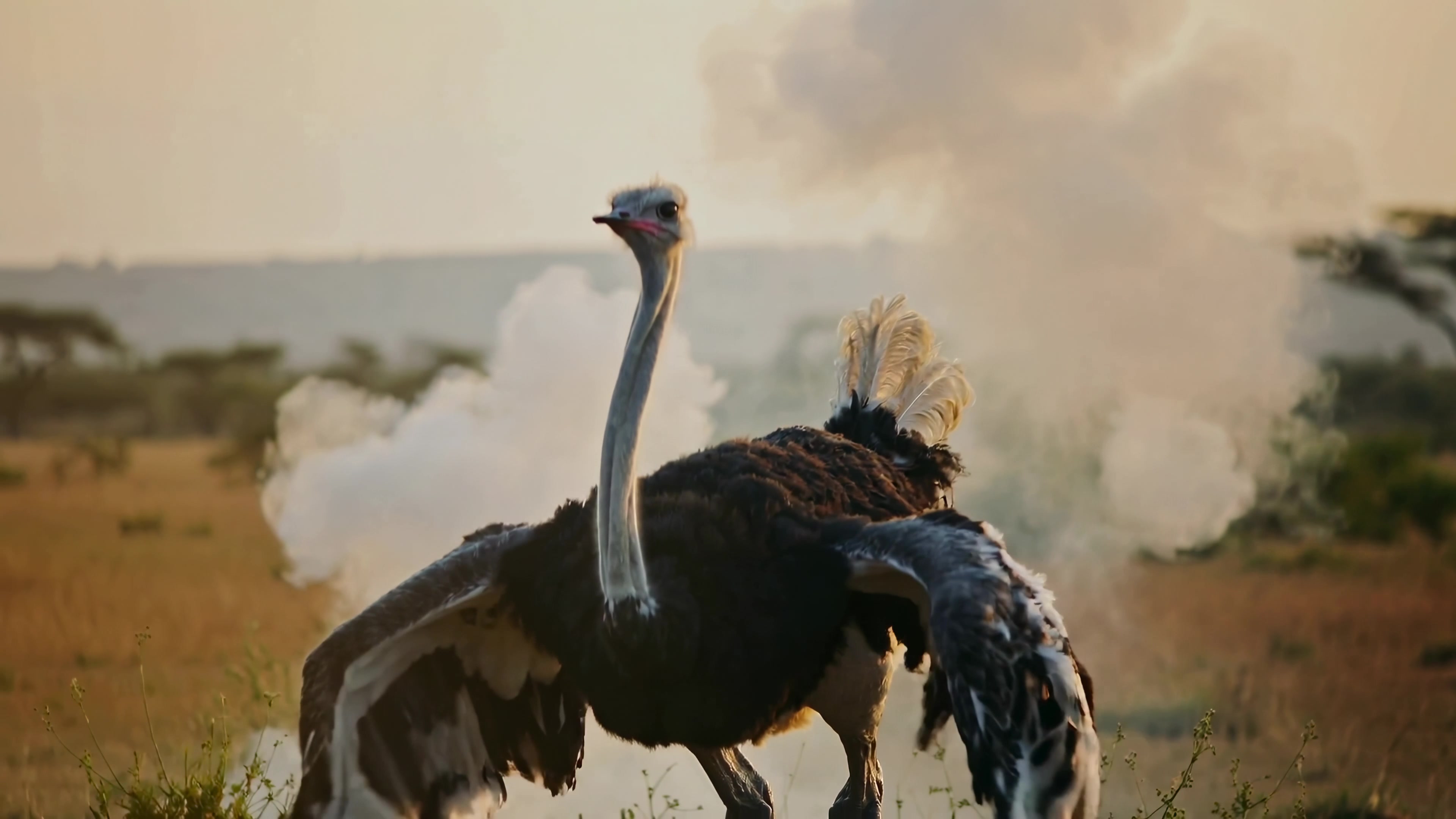Large bird spreads wings in open field during sunset near smoke clouds