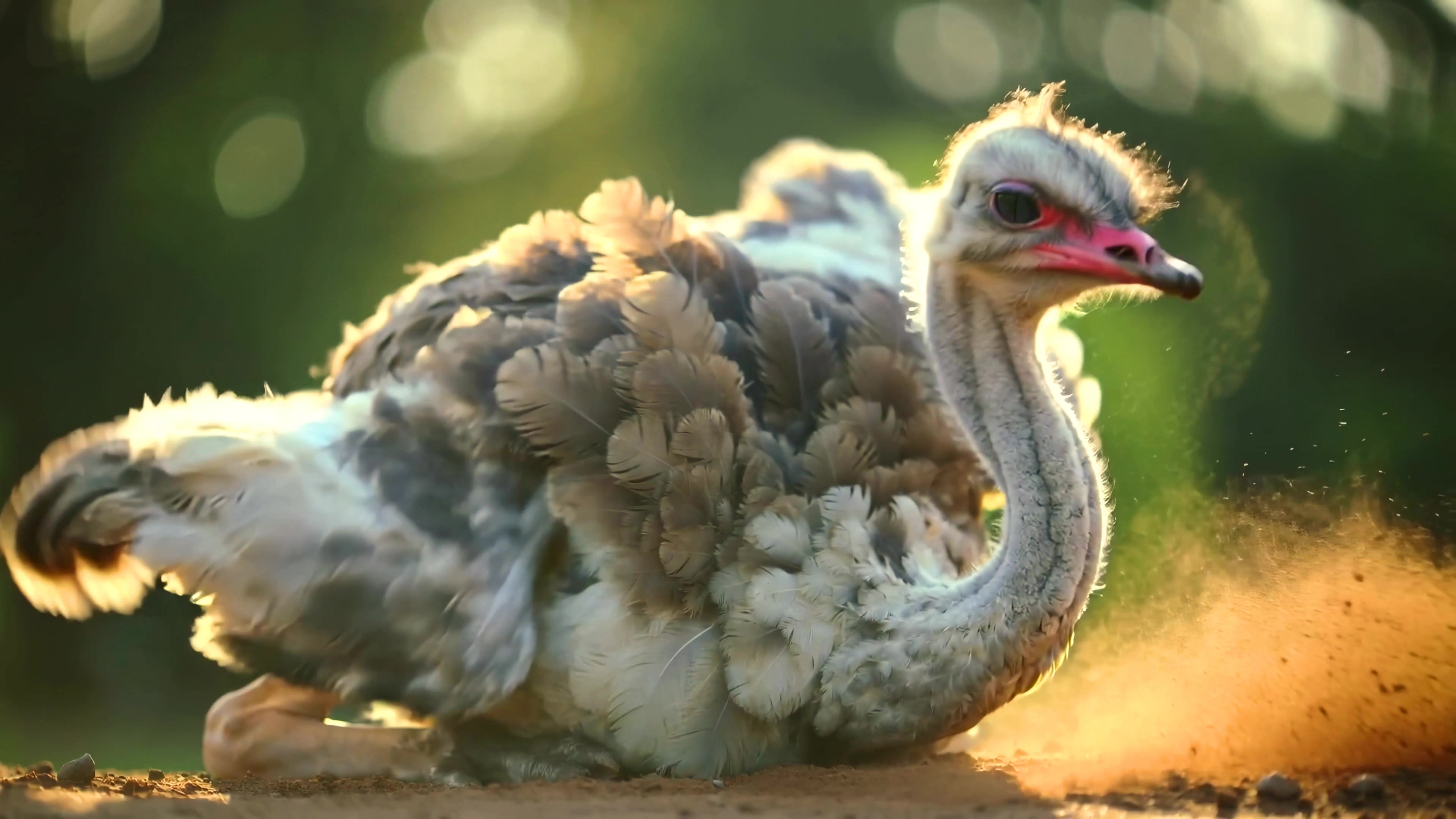 Ostrich sitting on the ground under sunlight near trees in a natural setting