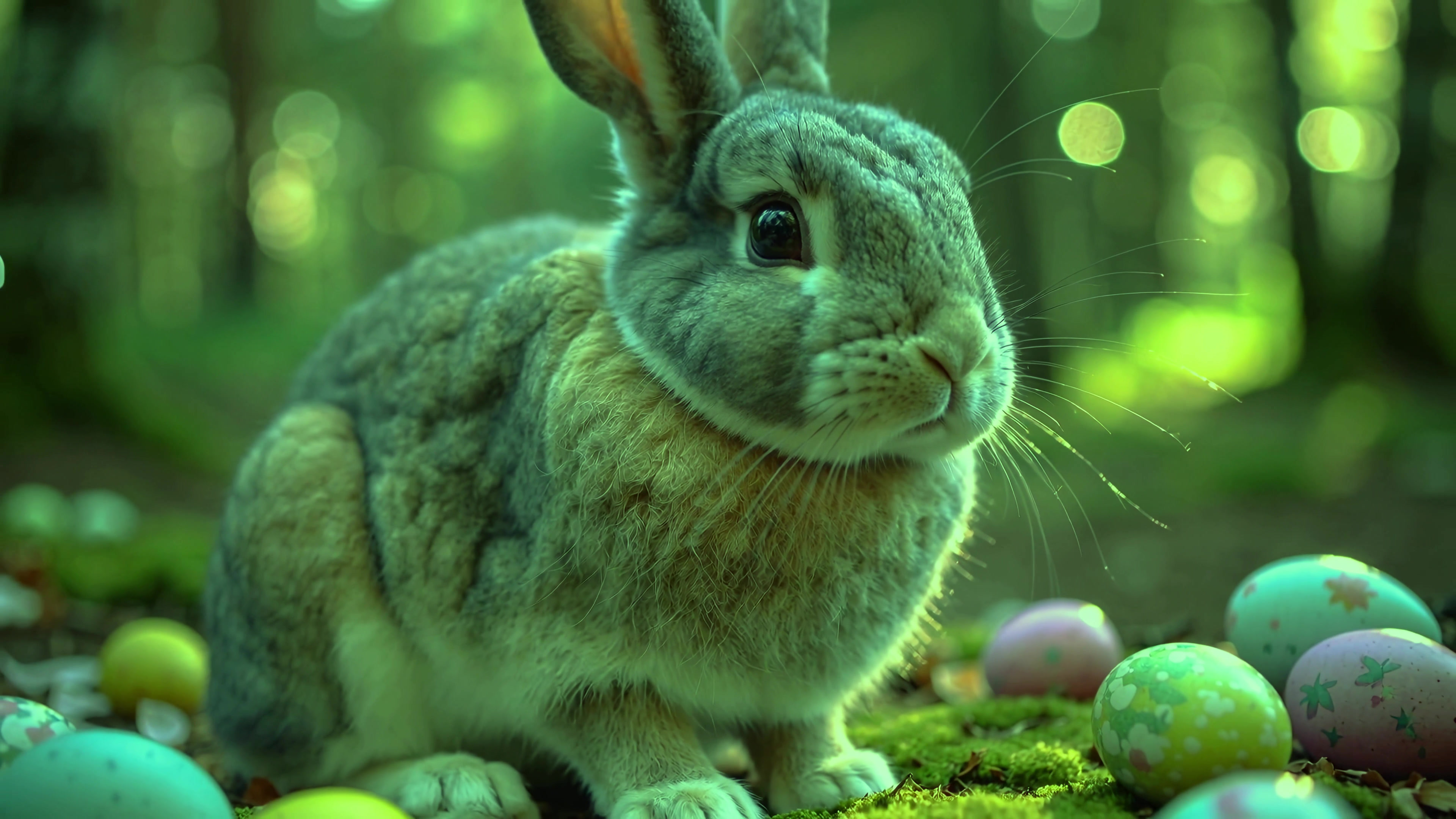Rabbit sitting in a forest with colorful eggs scattered on the ground during springtime