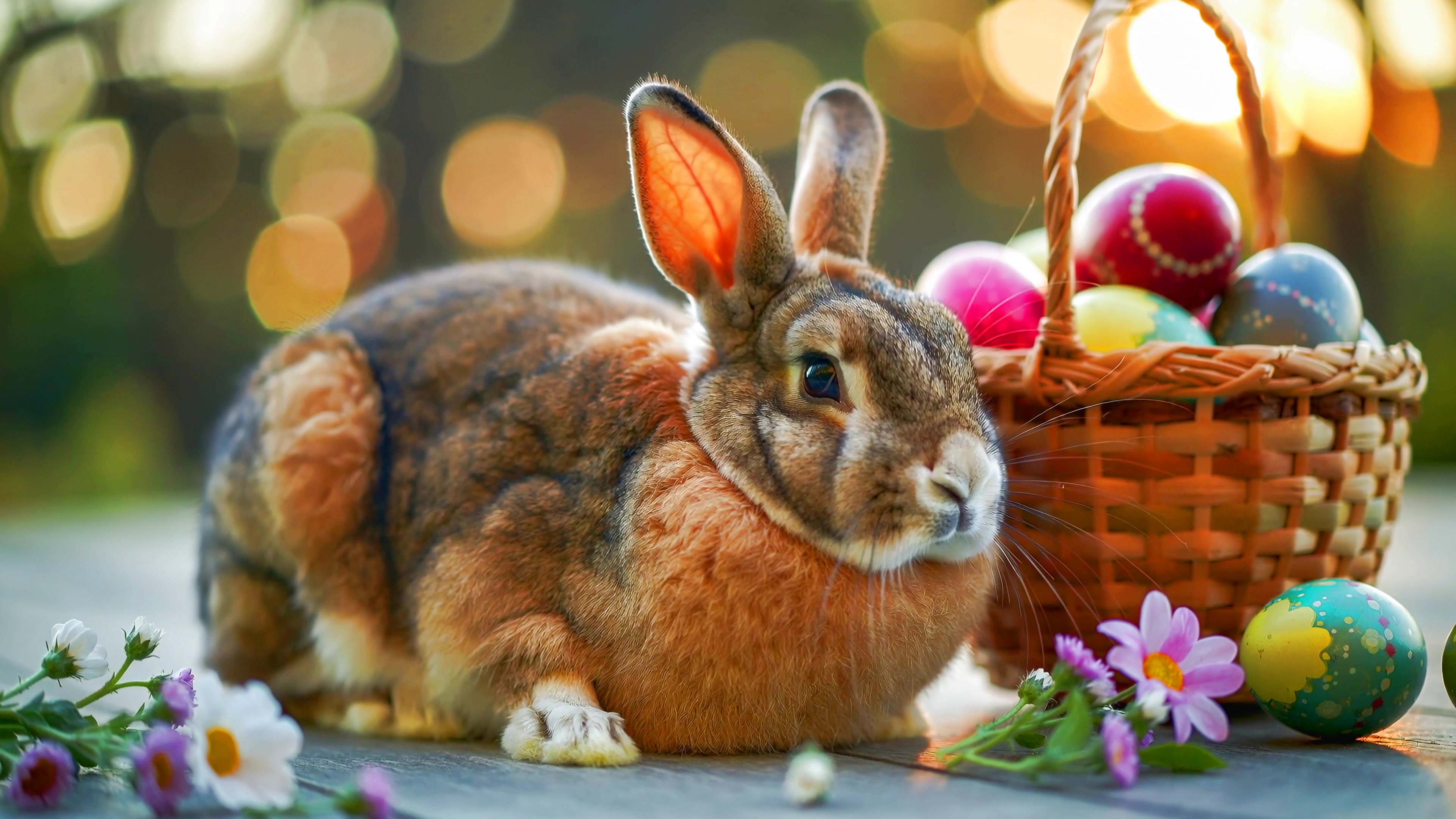 Rabbit sits beside a basket of colorful eggs and flowers in a sunny outdoor setting during springtime