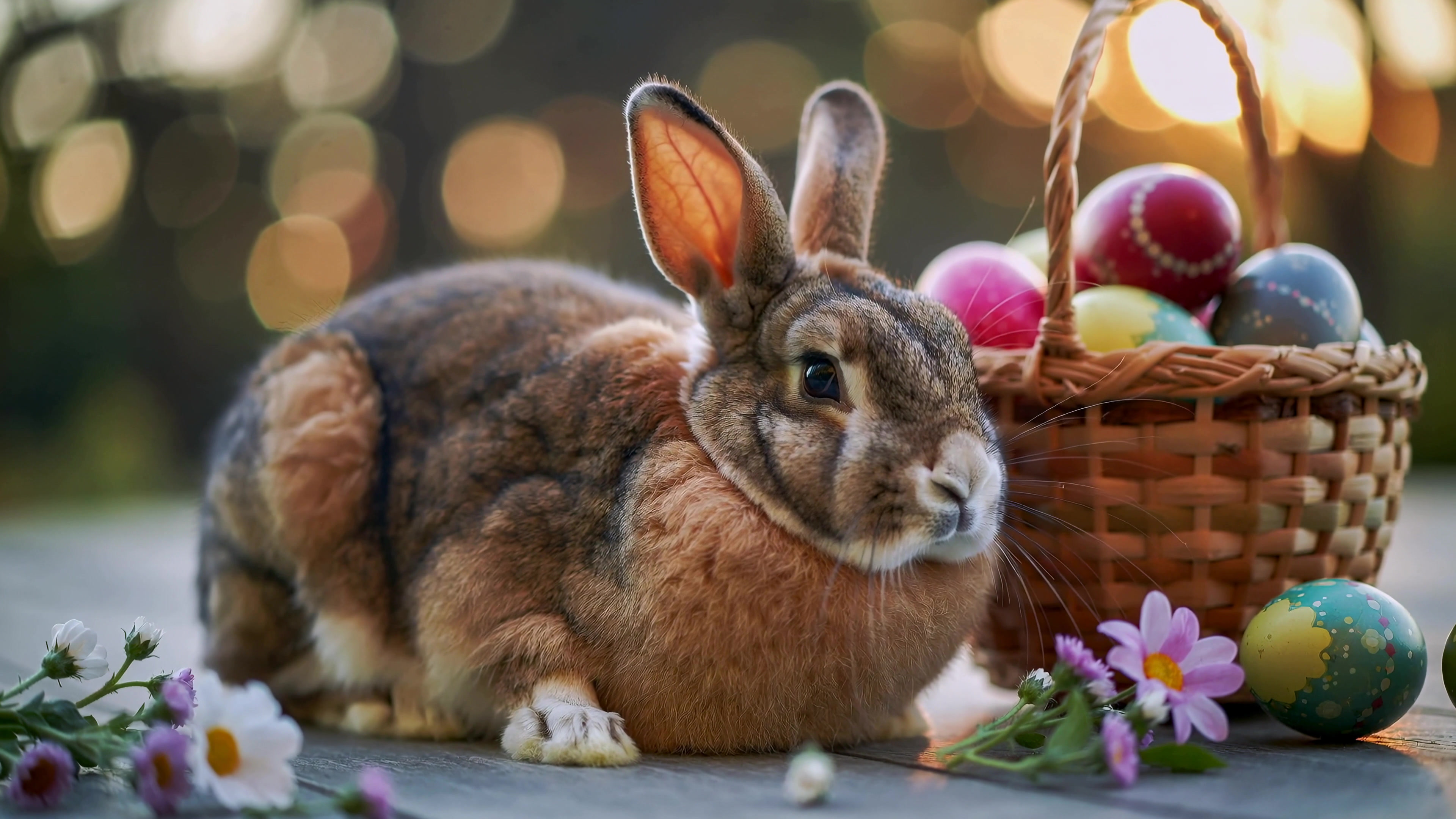 Rabbit sits beside a basket of colorful eggs and flowers during an outdoor gathering in springtime at sunset