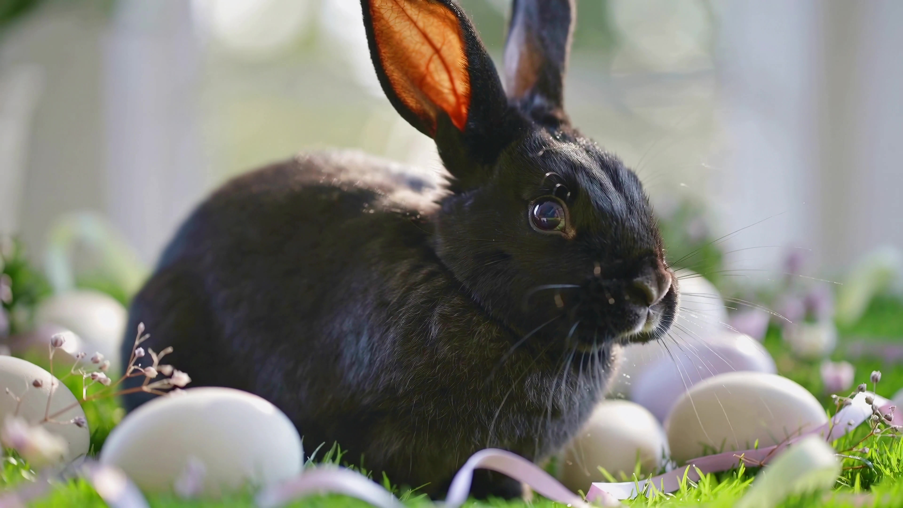 Black rabbit surrounded by colorful eggs in a sunny garden during Easter celebration