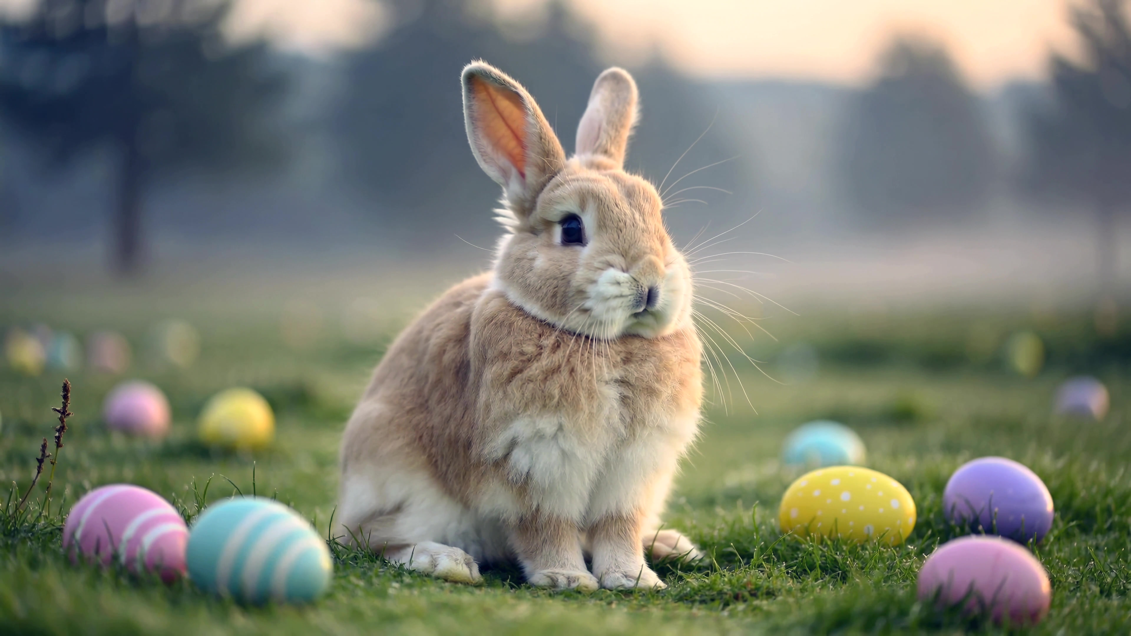 Rabbit sits in a grassy field surrounded by colorful Easter eggs during a bright afternoon
