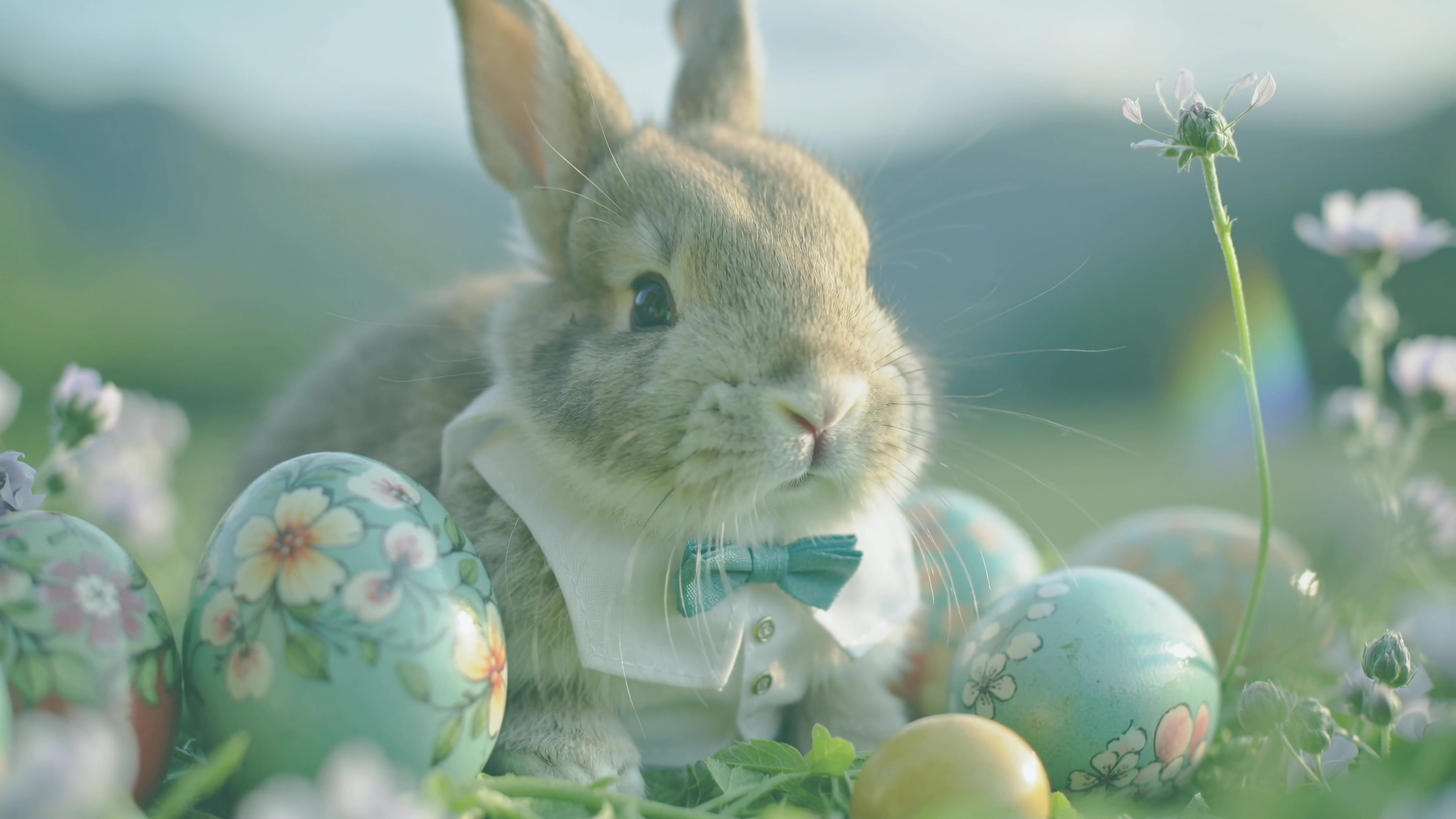 Rabbit wearing a bow tie sits among colorful eggs in a grassy area during an outdoor spring celebration
