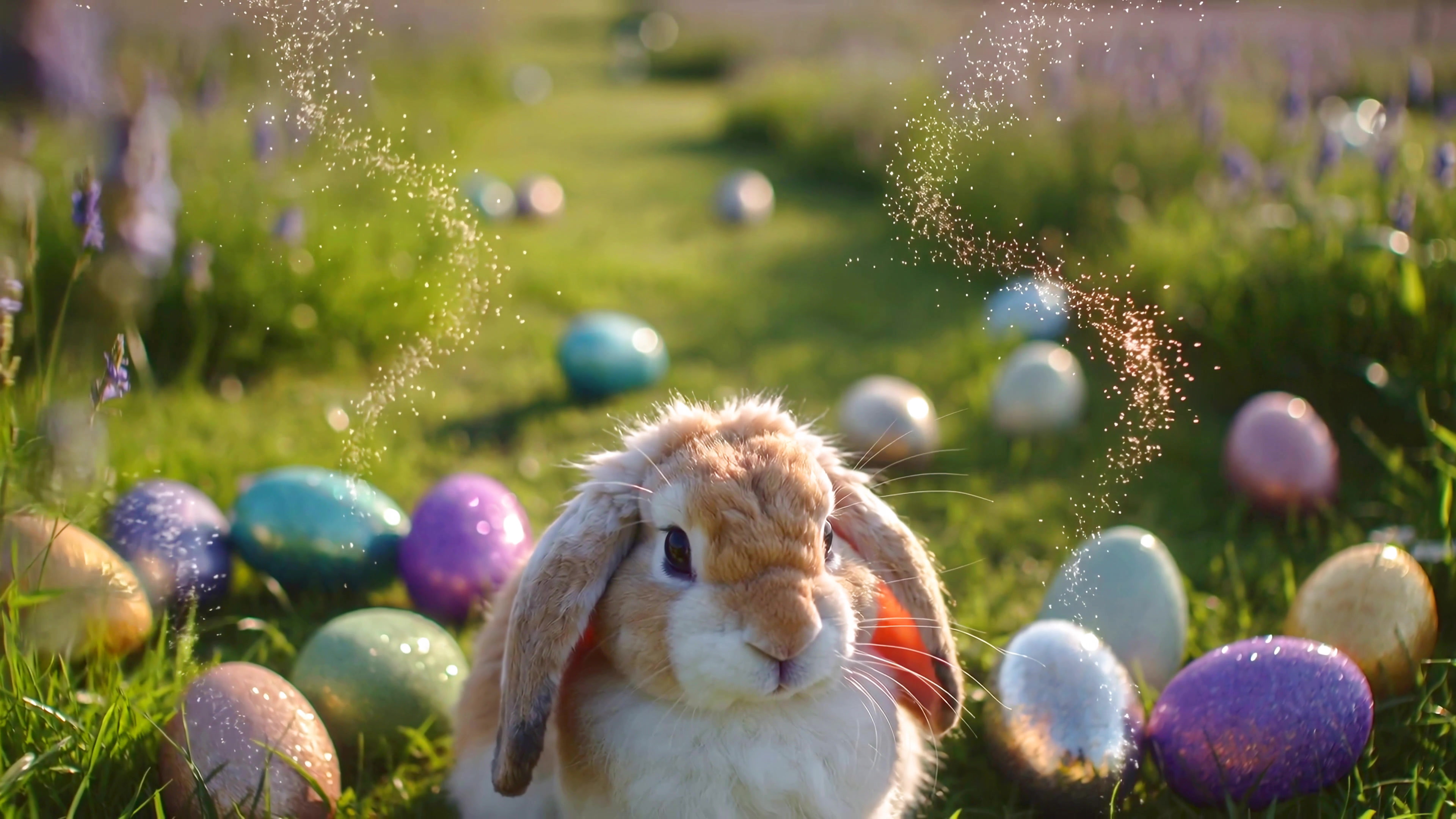 Bunny explores a colorful field filled with Easter eggs during springtime