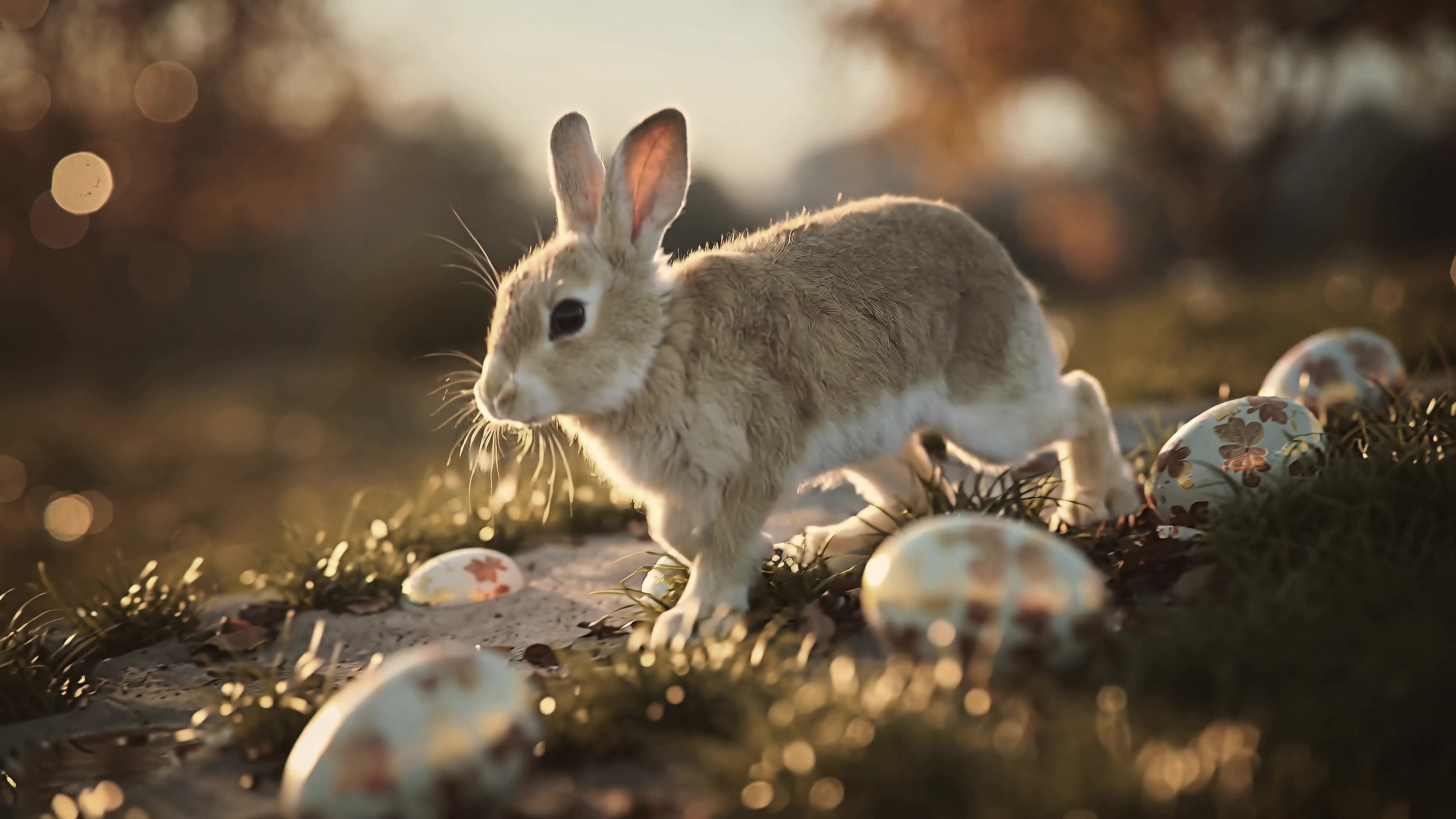 Rabbit hops among colorful eggs in a sunny garden during springtime exploration