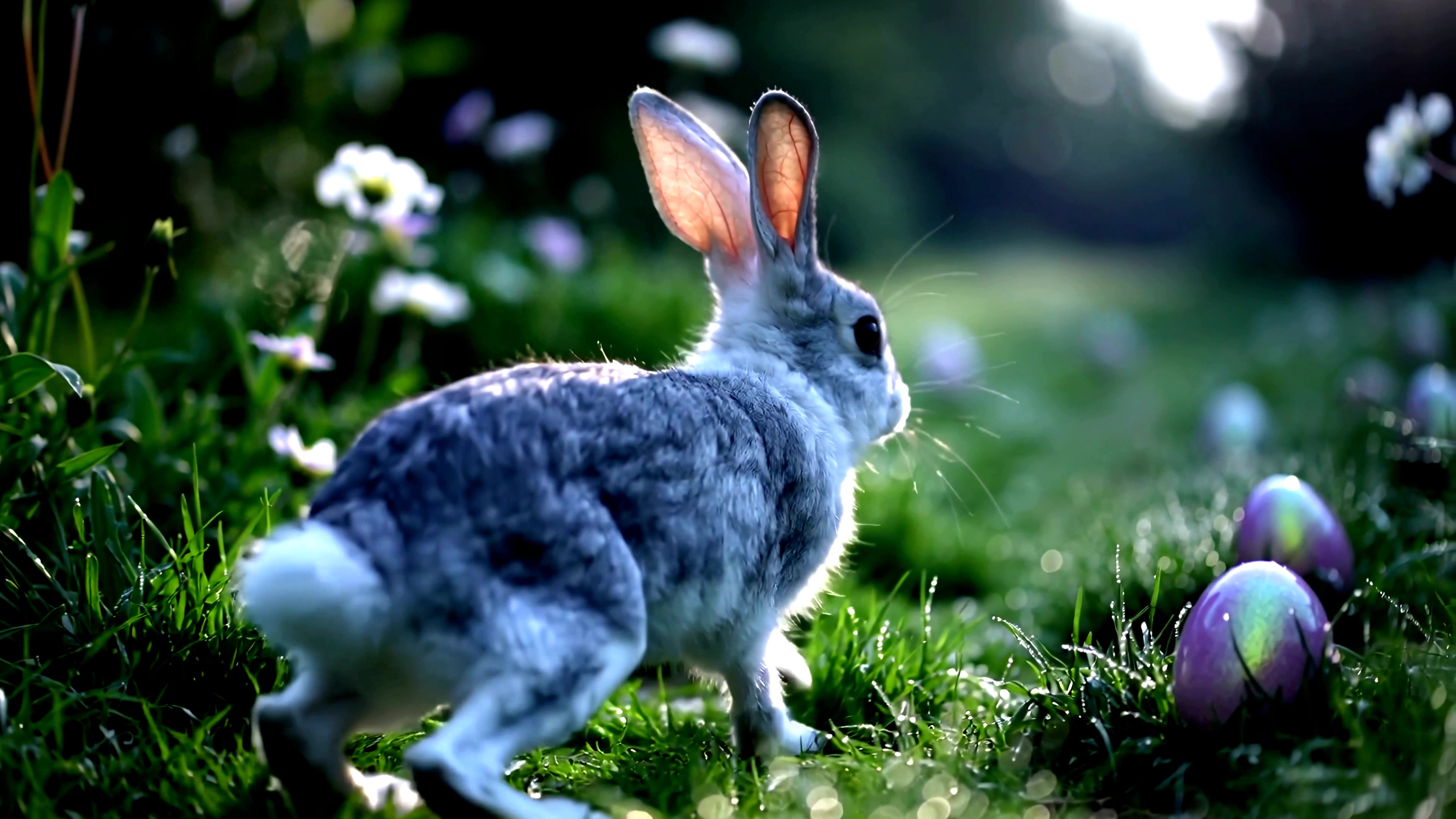 Rabbit runs through grass near colored eggs during springtime in a garden