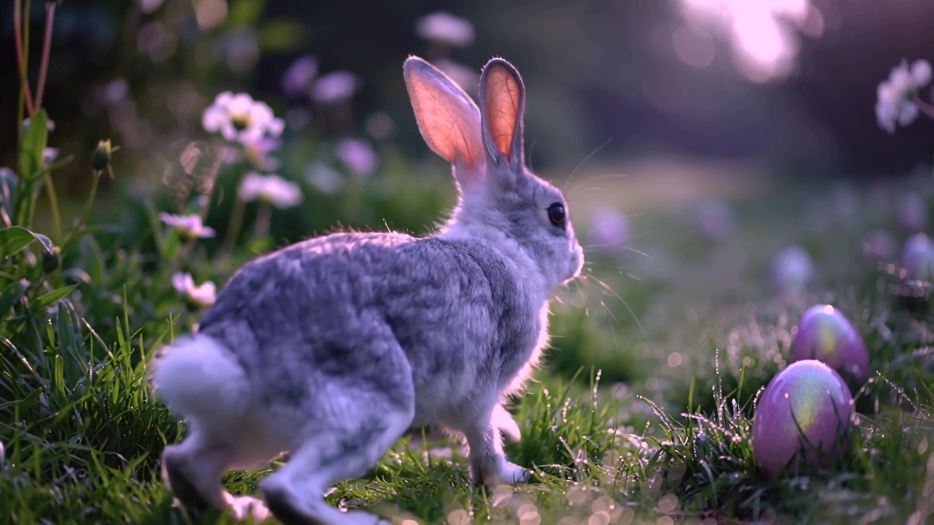 Gray rabbit hops through a field of flowers and Easter eggs during early morning light