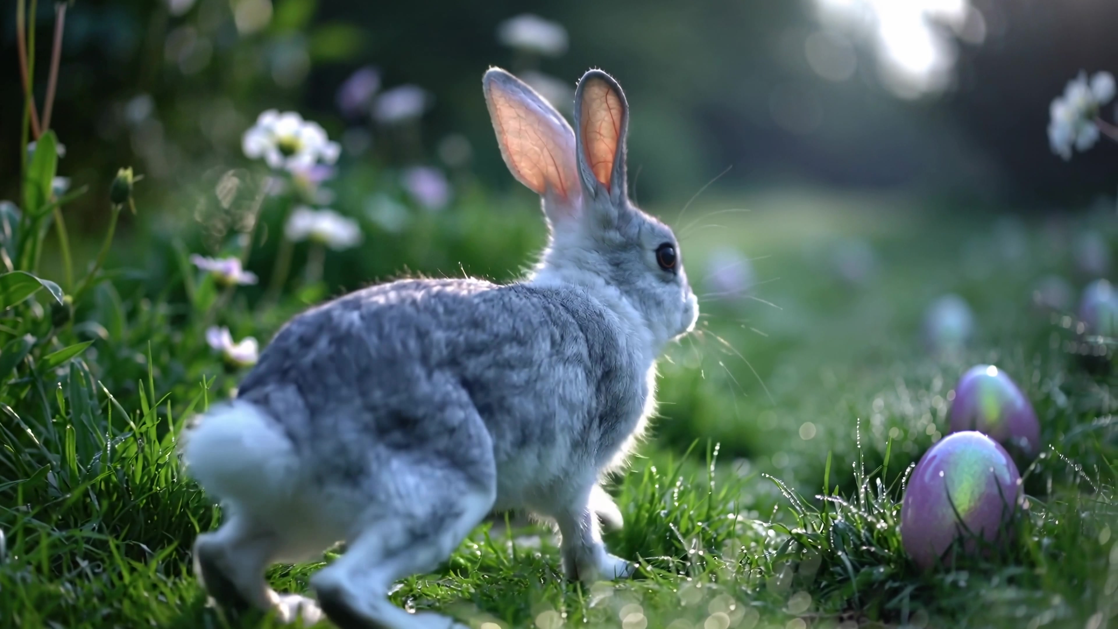 Rabbit hops through flowers and Easter eggs in a sunny garden during springtime