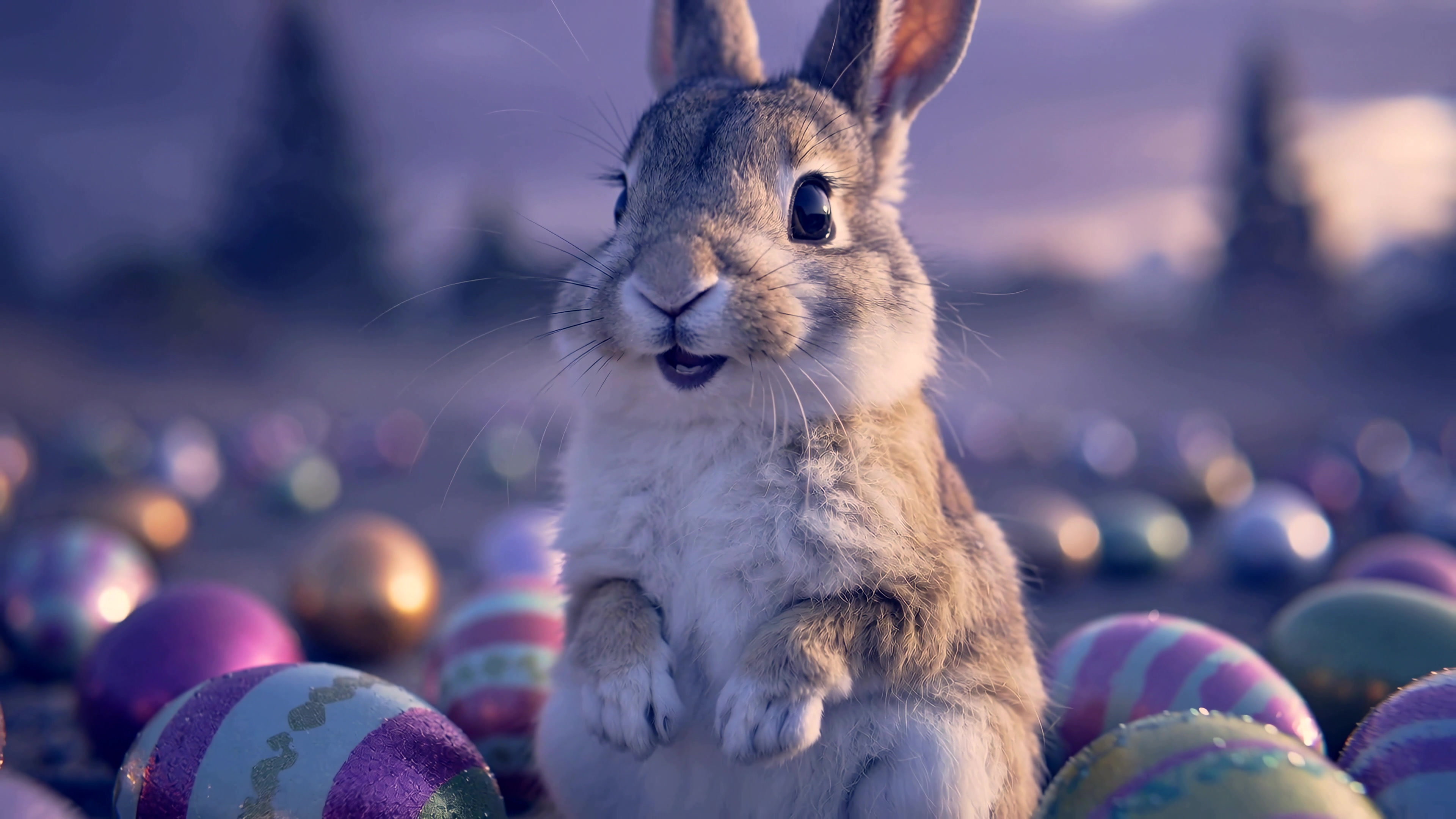 Rabbit sits among colorful eggs during spring celebration in a sunny outdoor setting